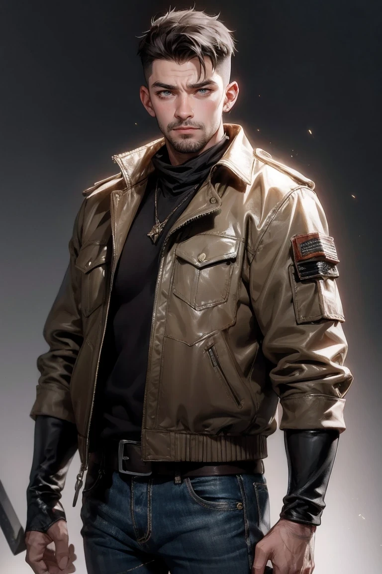 Draw a tall one, Burly man，short brown hair，unshaven。. His face is covered with scars and wrinkles, The result of years of fighting and suffering. He wore a worn-out leather jacket and tattered jeans. He has a sharp machete and an antique pistol at his waist. His brown eyes express determination and sadness.