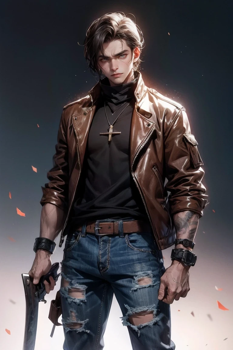 Draw a tall one, Burly man,short brown hair,unshaven。. His face is covered with scars and wrinkles, The result of years of fighting and suffering. He wore a worn-out leather jacket and tattered jeans. He has a sharp machete and an antique pistol at his waist. His brown eyes express determination and sadness.
