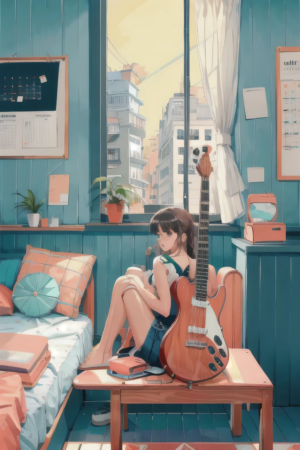 lineart, 
1girl, solo, Hair, holding, sitting, Indoors, pouch, a cup, book, Window, bed, chair, phone, stuffed toy, Scarecrow, plant, Curtains, instrument, a table, camisole,  watch, electric guitar, bed room, shelf, calendar (object), coral, mint, lilac,Yellow, View from the window,