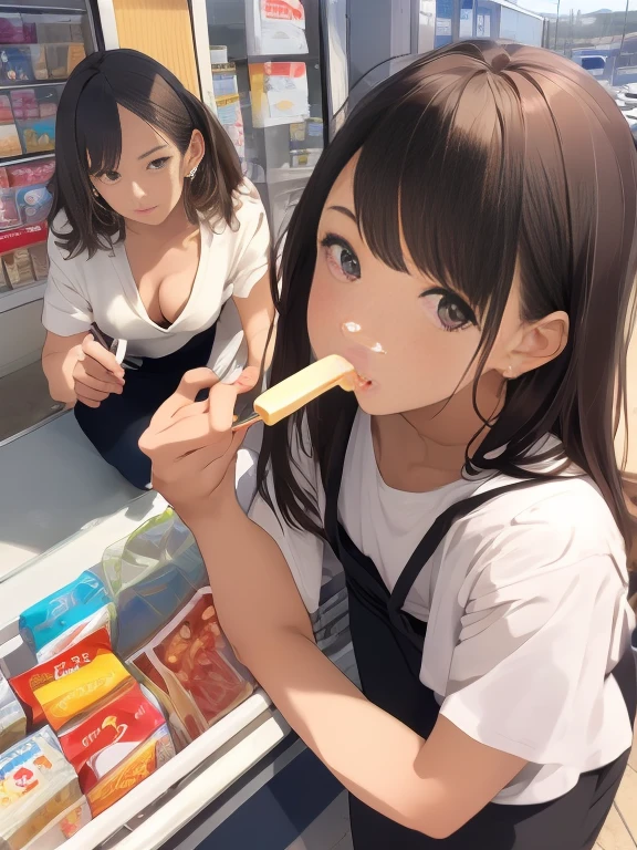 Best Quality, masutepiece, beautiful mature women、Beautiful face、Strong-minded woman、Office Suits、brown haired、Brown-eyed、Longhaire、Undersized eyes、Full body like、In front of a convenience store、outside of house、Eating popsicles
