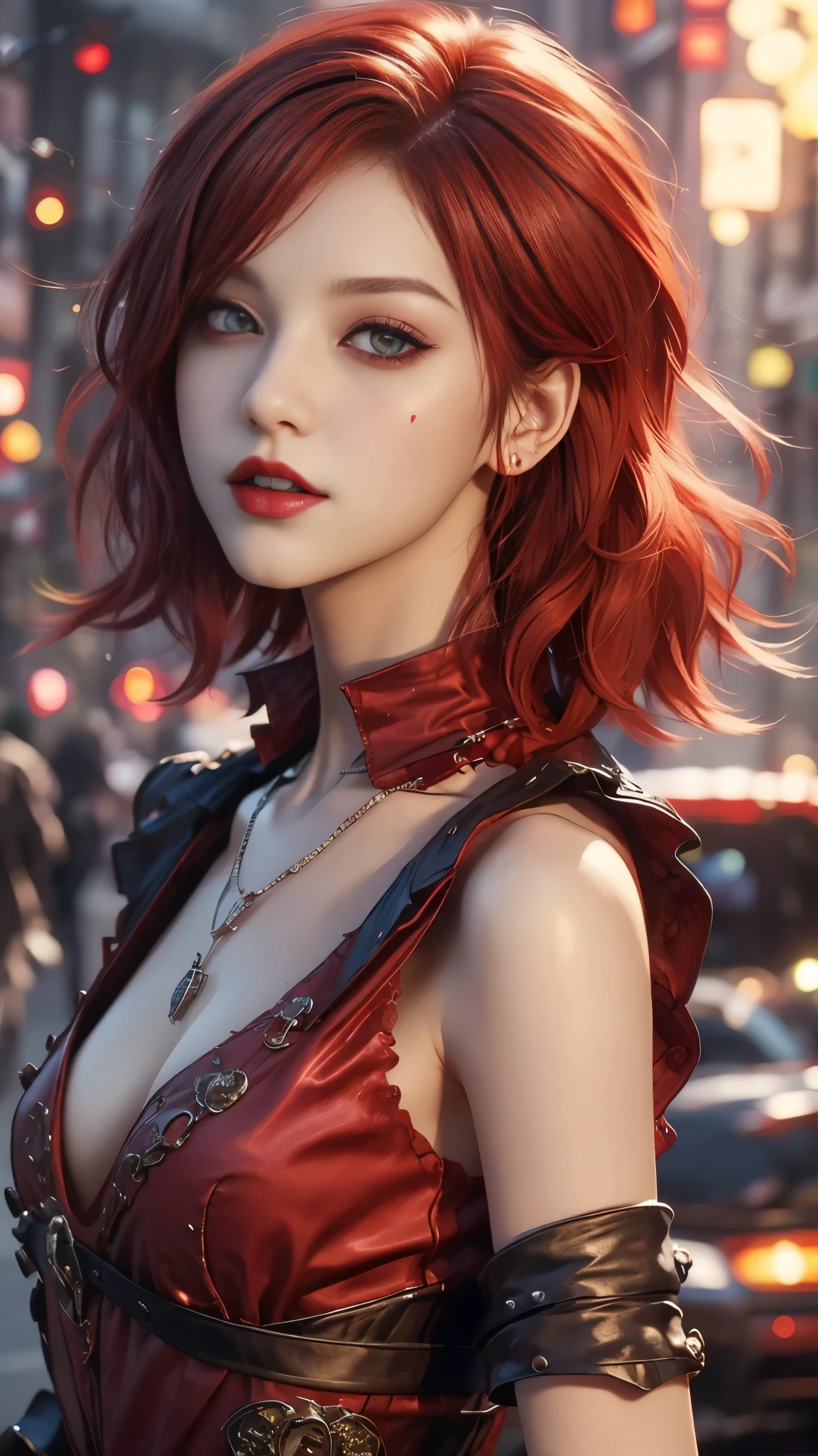 ​masterpiece, top-quality, ((1womanl)), different red color, finely eye and detailed face, intricate detailes, Casual black and red attire, window, A smile, Happiness, tenderness, high-level image quality、selfee, Beautuful Women、tall、a small face, D-cups, The upper part of the body、nightfall, nighttime scene、𝓡𝓸𝓶𝓪𝓷𝓽𝓲𝓬、Korea person, Idol Photos, Model photo, k pop, Professional Photos, Vampires, Korean fashion in black and red, Fedoman with necklace, inspired by Sim Sa-jeong, androgynous vampire, :9 detailed face: 8, extra detailed face, detailed punk hair, ((eyes are deialed)) baggy eyes, Seductive. Highly detailed, semi realistic anime, Vampires, hyperrealistic teen, Delicate androgynous princess, imvu, ((short hair woman)), red hair woman with wild look, ((Woman with short red hair)), ((1 persons)),