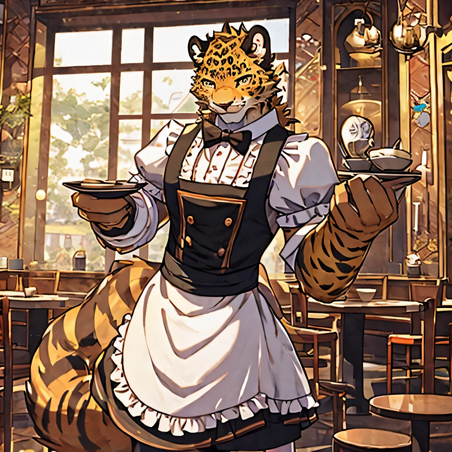 arrogant，Men dressed as women，4k, actual, high detail, super detailed, Leopard，Golden fur，Wearing maid outfit，The background is a café