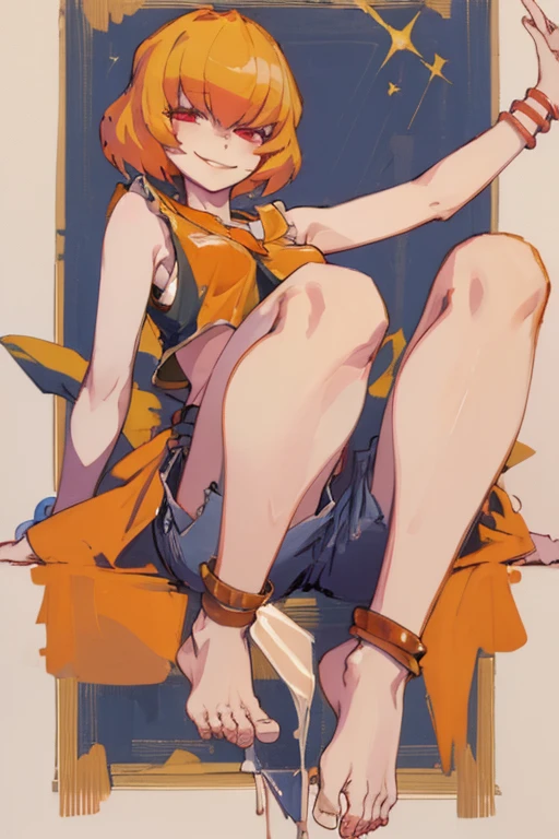 ((highest quality)), ((masterpiece)), (be familiar with),Clementine,Overload,{{nsfw}},Sleeveless shirt,pants,bewitching smile,anklet,barefoot