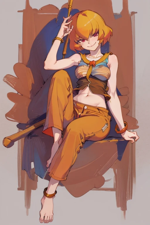 ((highest quality)), ((masterpiece)), (be familiar with),Clementine,Overload,{{nsfw}},Sleeveless shirt,pants,bewitching smile,anklet,barefoot