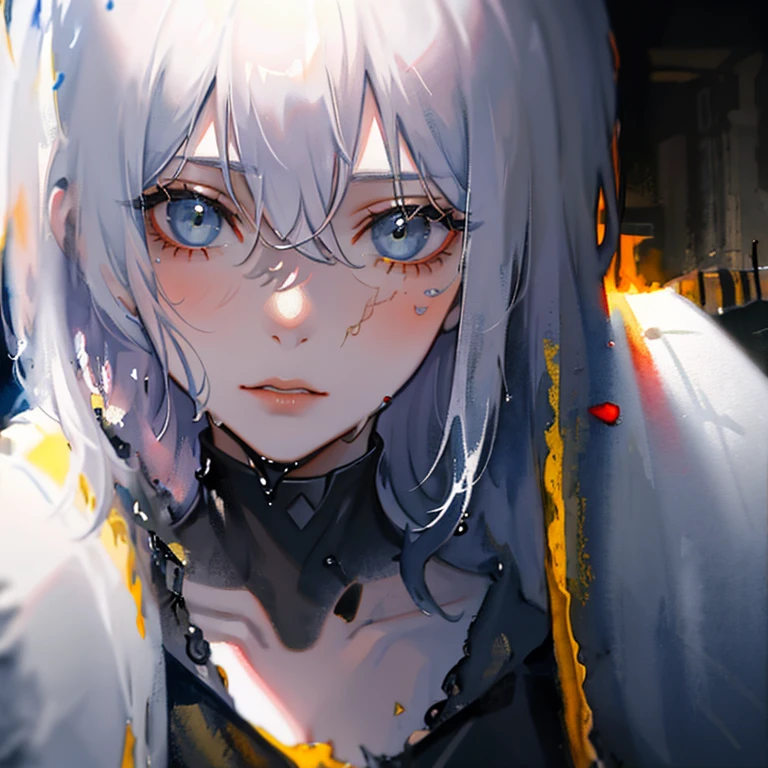 A stunningly beautiful young woman in an apocalyptic, devastated world, beautiful silver hair, Camouflage pattern combat suit, Portrait by Willem Henraets, watercolor, Wet-on-wet and splatter techniques, in the center, perfect composition, abstraction, surrealism, masterpiece, cinematic lighting, masterpiece