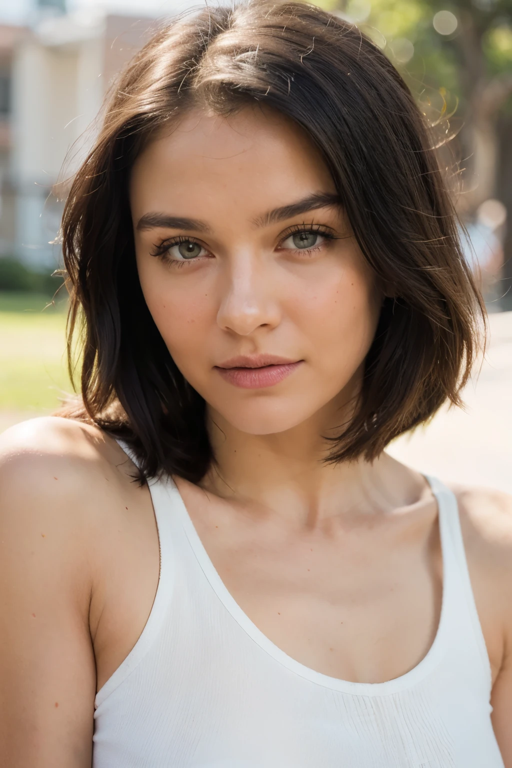 Photo of a woman, (sympathetic expression), ultra textured skin, goosebumps, black hair half up, half down, white tank top with skinny jeans, group profile, perfect brown eyes, face looking straight into the camera ((hard light:1.4)), color velvia 100, shot on a Cinestill 800T, cameraman Manuela Marques