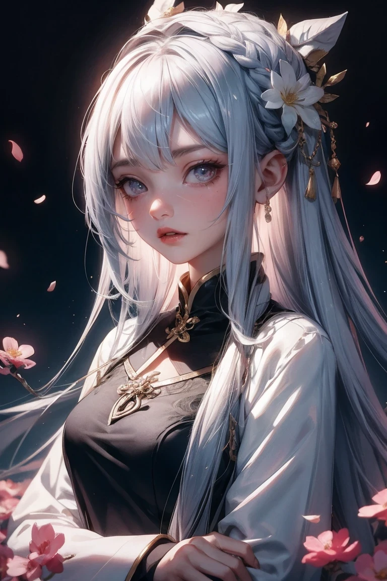 Masterpiece Good Night Full Moon 1 Female Sister Yu Jie is cold-faced and expressionless, a woman with long silver-white hair, pale pink lips, calm and intellectual, three-band gray-eyed assassin short sword, flowers, Hand details, Finger details,