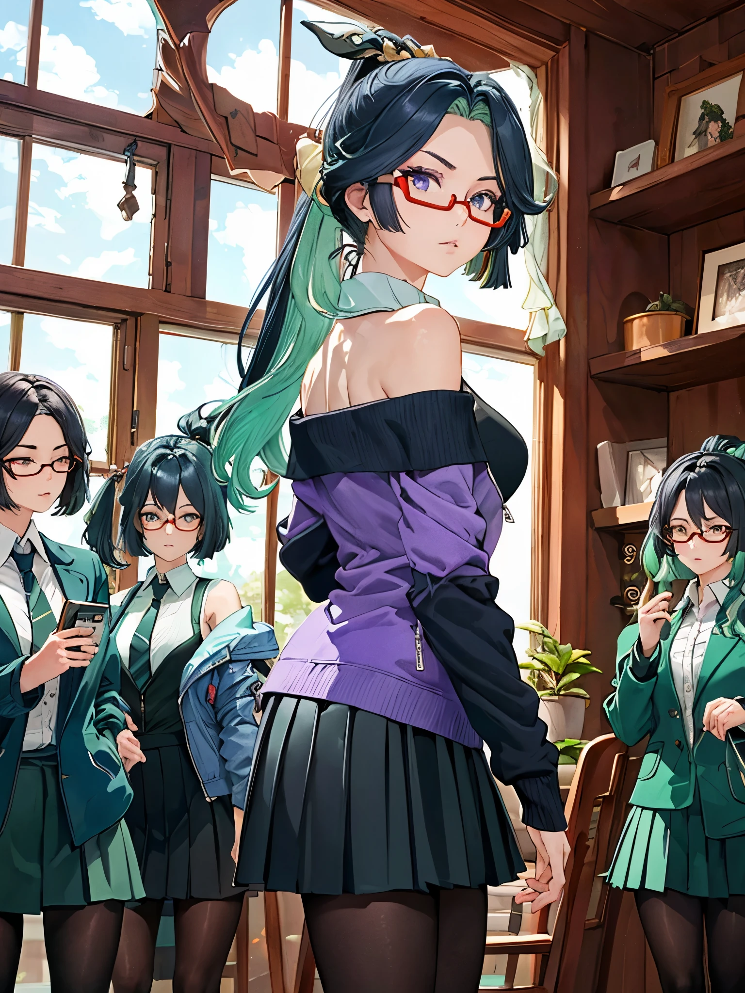 (masterpiece, best quality), 1girl, xianyun, glasses,ponytail, red-framed eyewear, under-rim eyewear,ponytail,
BREAK (collared shirt, white shirt, off shoulder, purple jacket, partially unzipped, long sleeves, sleeves past wrists, pleated skirt, black skirt, pantyhose:1.2),
BREAK ((top quality, 8k, masterpiece: 1.3, ultra hd, high quality, best quality, high definition, realism)), sharp focus: 1.5, Beautiful woman with Slim body, (perfect hands, perfect anatomy),