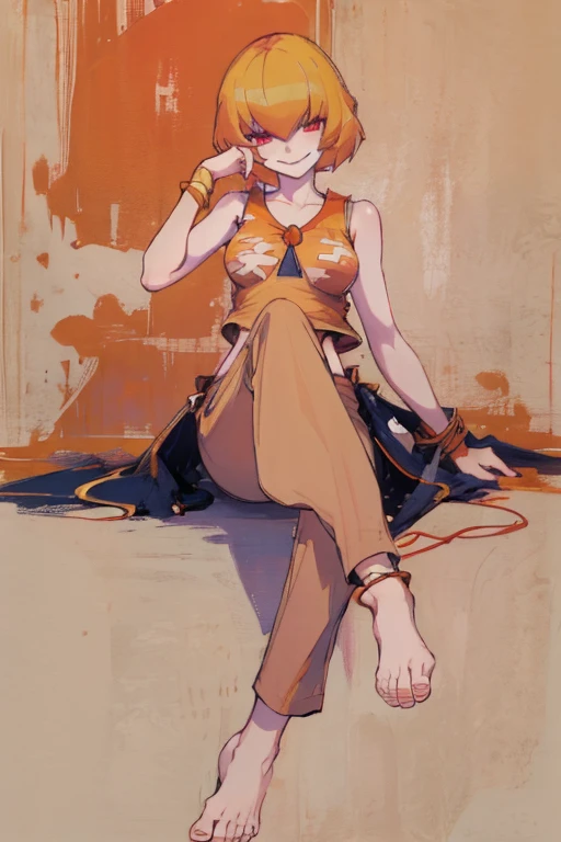 ((highest quality)), ((masterpiece)), (be familiar with),Clementine,Overload,{{nsfw}},Sleeveless shirt,pants,bewitching smile,anklet,barefoot