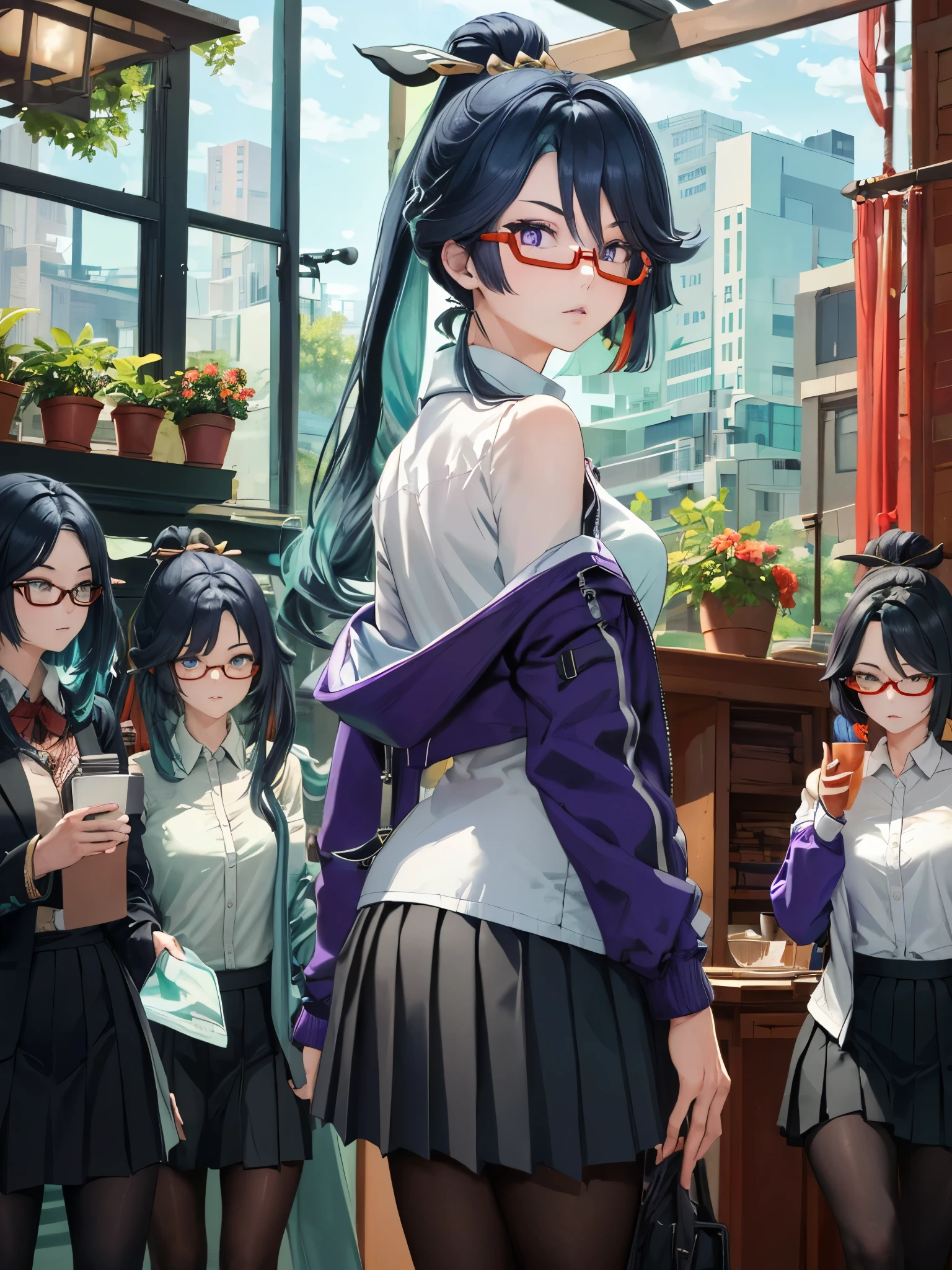 (masterpiece, best quality), 1girl, xianyun, glasses,ponytail, red-framed eyewear, under-rim eyewear,ponytail,
BREAK (collared shirt, white shirt, off shoulder, purple jacket, partially unzipped, long sleeves, sleeves past wrists, pleated skirt, black skirt, pantyhose:1.2),
BREAK ((top quality, 8k, masterpiece: 1.3, ultra hd, high quality, best quality, high definition, realism)), sharp focus: 1.5, Beautiful woman with Slim body, (perfect hands, perfect anatomy),