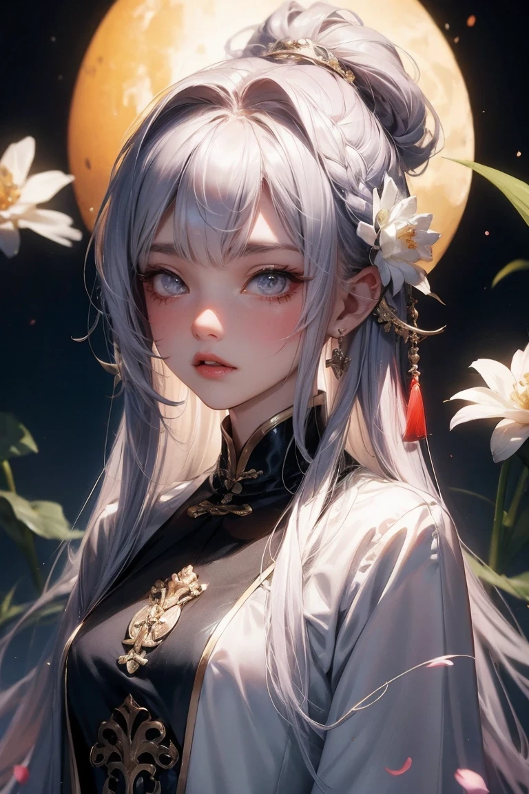 Masterpiece Good Night Full Moon 1 Female Sister Yu Jie is cold-faced and expressionless, a woman with long silver-white hair, pale pink lips, calm and intellectual, three-band gray-eyed assassin short sword, flowers, Hand details, Finger details,
