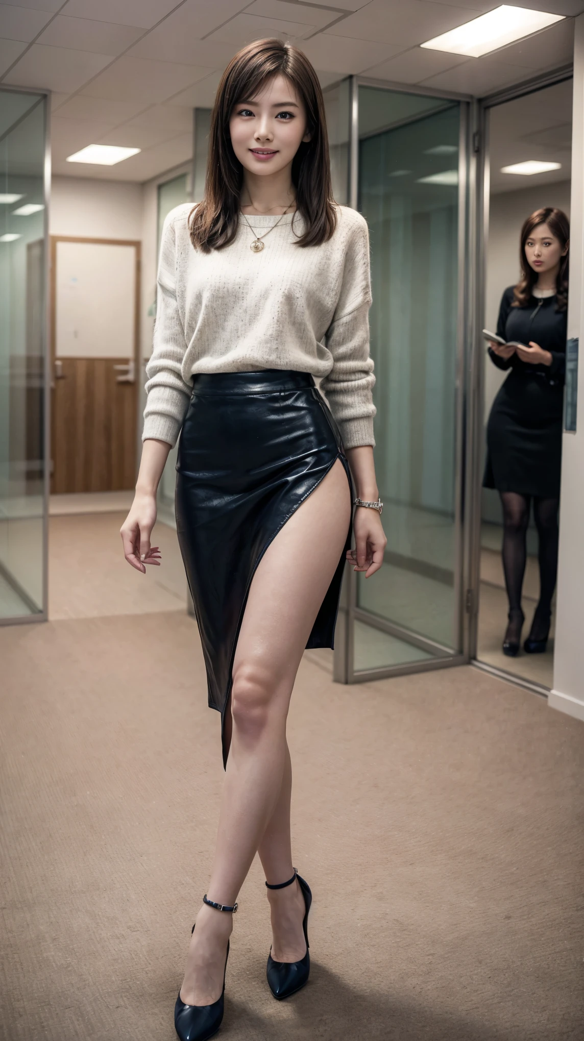 (highest quality, masterpiece, realistic, Super detailed, ultra high resolution, to be born:1.3), (3 girls:1.5), beautiful, Japanese, mature, 28yo, office workers, (tight knit, short skirt), ({money| Silver| wine-red| navy| pink| yellow green| violet| sky blue} Clothes), (smile), (bangs), high waist, necklace, (office, indoor, Glass Room), (long legs, high heels, full body:1.2), (Medium chest:1.3), (crowd)、sexy underwear:1.5