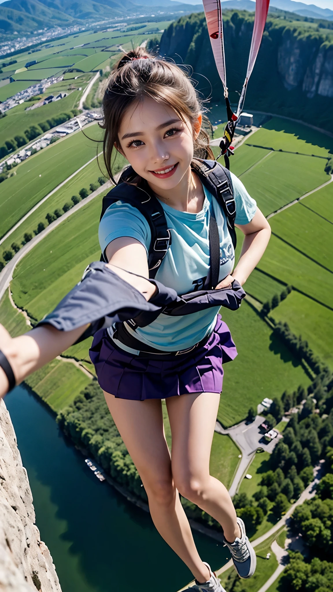 Beautiful 24 Years Korean Girl, Paragliding On switzerland alaps valley, ((On air)), ((Paragliding)), Solo, Air, Realistic, Ultra HD, 8k unity walpaper, Ray Tracing, Beautiful smile, (smile:1.2), (Green T-shirt), (pleated above knee length Purple skirt), detailed background, Detailed skin, detailed dress , (Detailed paragliding), Real Paragliding,