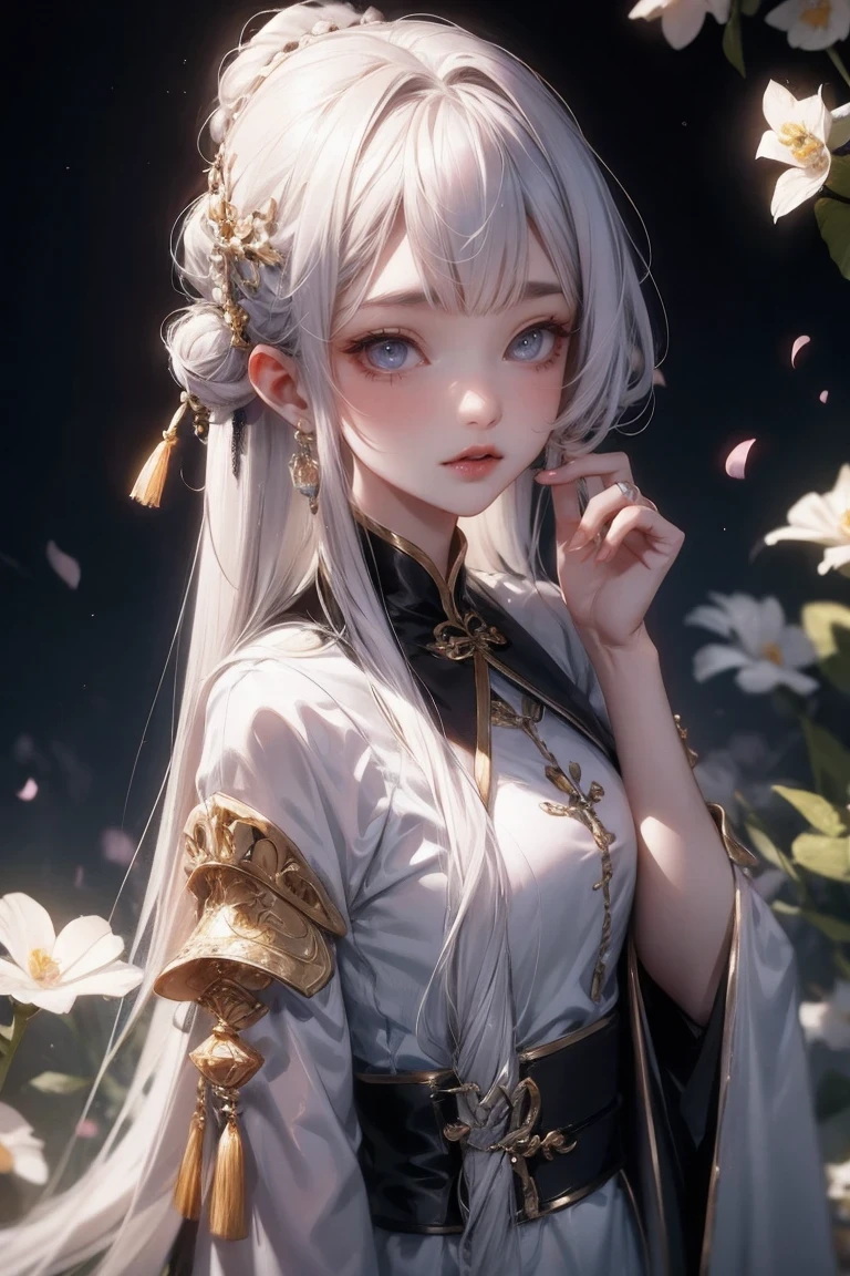 Masterpiece Good Night Full Moon 1 Female Sister Yu Jie is cold-faced and expressionless, a woman with long silver-white hair, pale pink lips, calm and intellectual, three-band gray-eyed assassin short sword, flowers, Hand details, Finger details,