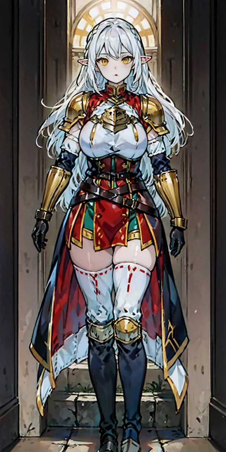 masterpiece, best quality, high quality, 1solo white SKIN elf, long hair, white hair, yellow eyes, full body, breastplate, looking at viewer, shiny, armor, thigh highs, high boots, shoulder armor, faulds, poleyn, gloves, gauntlets