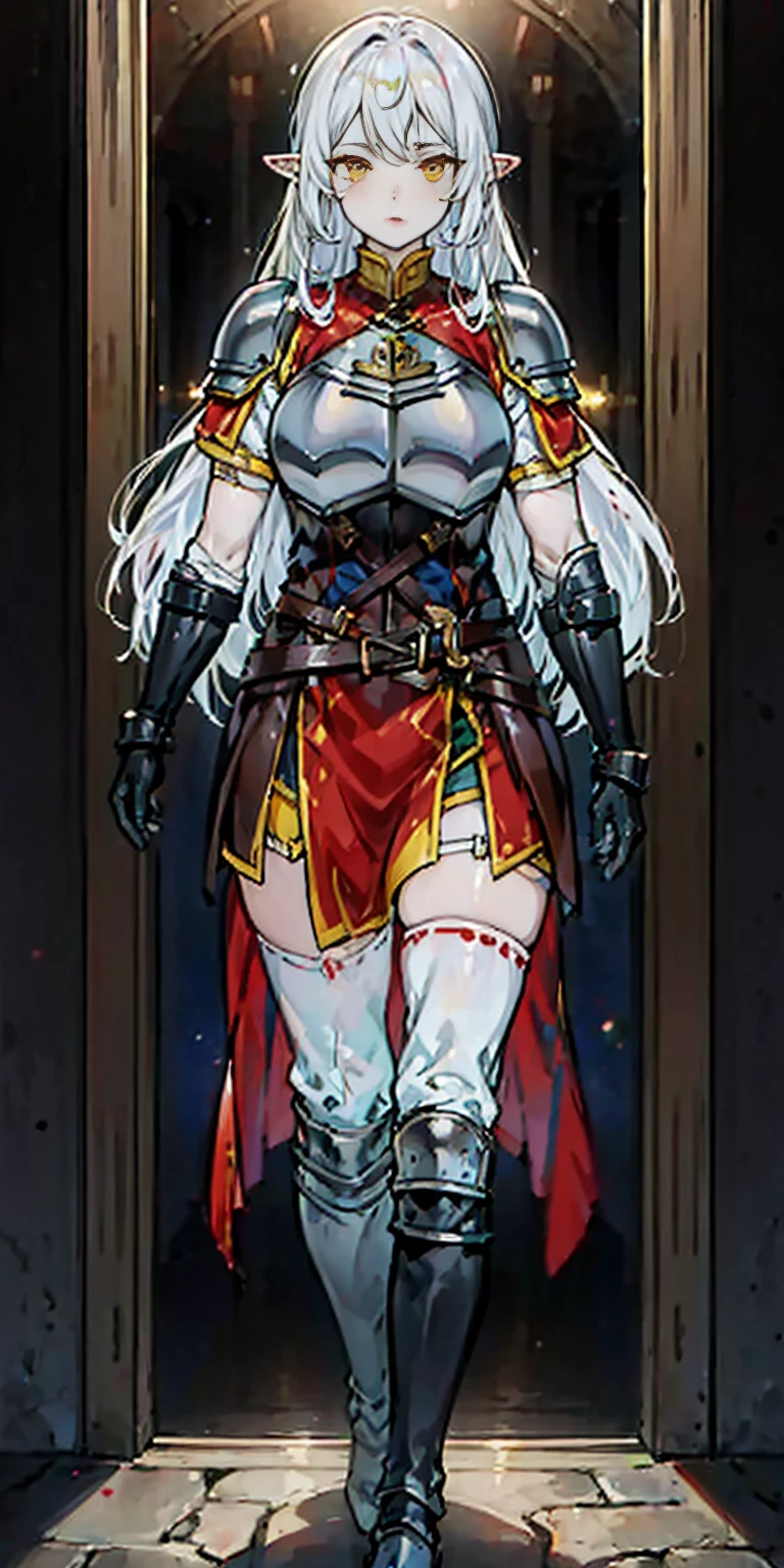 masterpiece, best quality, high quality, 1solo white SKIN elf, long hair, white hair, yellow eyes, full body, breastplate, looking at viewer, shiny, armor, thigh highs, high boots, shoulder armor, faulds, poleyn, gloves, gauntlets