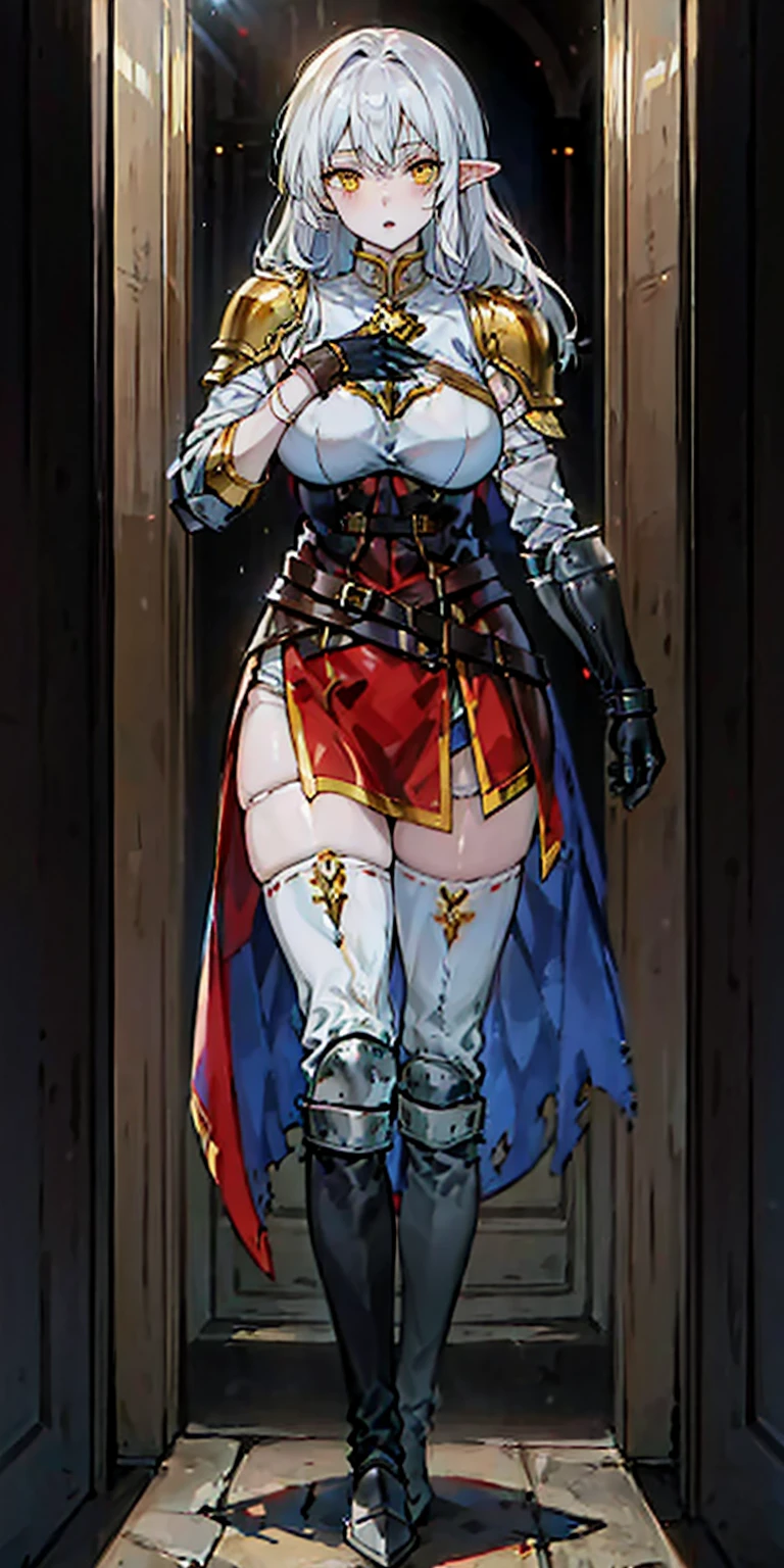 masterpiece, best quality, high quality, 1solo white SKIN elf, long hair, white hair, yellow eyes, full body, breastplate, looking at viewer, shiny, armor, thigh highs, high boots, shoulder armor, faulds, poleyn, gloves, gauntlets