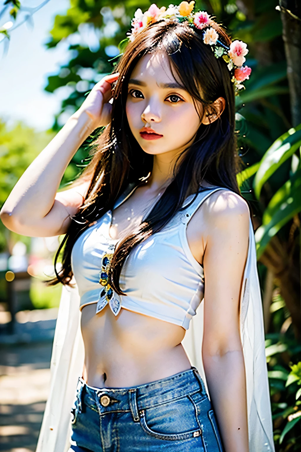 (8k, highest quality, ultra detailed:1.37), (Dina), 18yo, (a free-spirited Javanese girl), embraces the bohemian festival atmosphere. She wears a boho-chic embroidered top with denim shorts and accessorizes with flowers and beads. Her brown hair in a crown braids was swept up in loose curls that tumbled down her back. The high-resolution image captures ultra-detailed realism, highlighting Dina's captivating eyes, long eyelashes, and smooth complexion. The vibrant festival setting adds an energetic and colorful backdrop to showcase Dina's carefree and artistic personality.