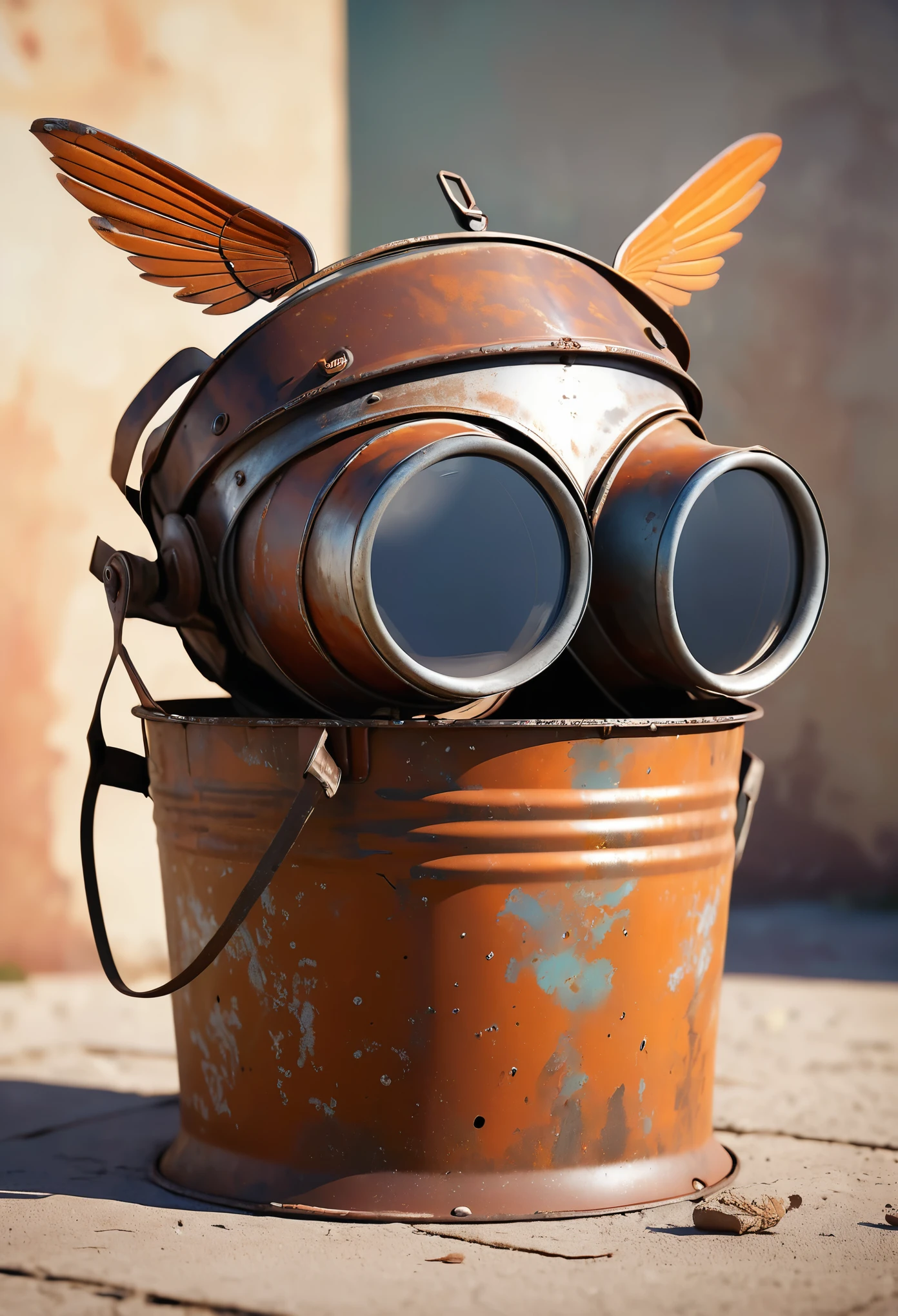Close-up. 3/4 view. Color illustration. An overturned old rusty metal bucket without a face, with small wings. Wearing vintage aviation goggles on a bucket, a deep scratch in the form of a wide smile. One edge flew up and rose slightly. Vigorously flaps its wings. Photorealistic. In Disney Pixar cartoon style. Blurred background. Light haze.