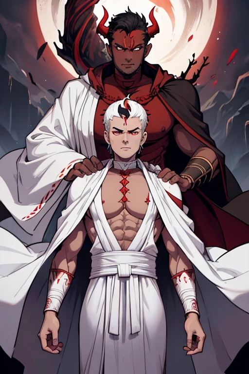 male, red eyes, demon, handsome, branch like horns, black skin, skull like head, (((1boy))), (((white Buddhists robes))), slightly muscular, long legs
