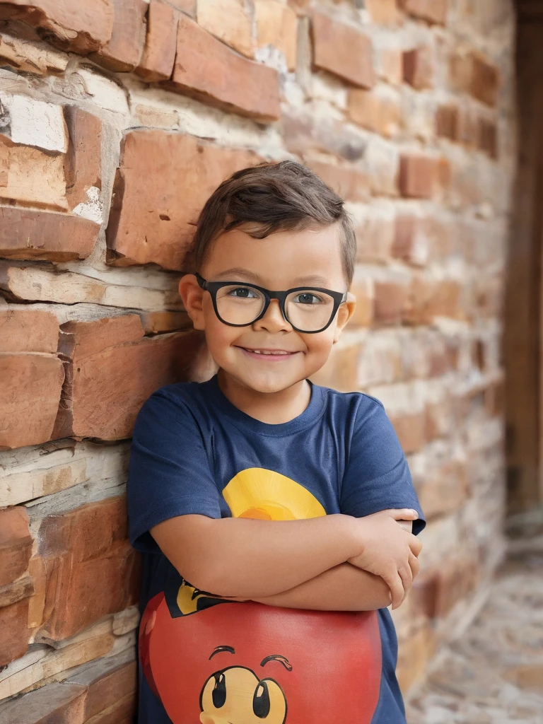 gutto2024sdxl ,"Create an ultra-realistic and highly detailed portrait of a 3-year-old boy, showcasing him in a navy blue plain t-shirt, wearing glasses. The boy stands with his arms crossed, sporting a gentle smile as he looks directly at the camera.

The boy's youthful features are captured with precision, highlighting the innocence and charm of his expression. His glasses add a touch of maturity to his appearance, contrasting with his playful demeanor.

Behind the boy, the backdrop is a wall of exposed brick, adding a rustic and textured element to the portrait. On this wall, a large wooden plaque is prominently displayed, intricately carved with the phrase 'FELIZ SÁBADO' in Portuguese.

The wooden plaque is a work of art in itself, with the phrase 'FELIZ SÁBADO' elegantly and prominently carved into the wood in large, bold fonts. The carving adds a touch of warmth and character to the scene, serving as a charming and heartwarming detail in the composition.

The lighting in the portrait is soft and natural, casting a warm glow on the boy's features and creating a sense of intimacy. Every detail, from the texture of the brick wall to the intricate carvings on the wooden plaque, is rendered with meticulous attention to detail.

This ultra-realistic portrait aims to capture the joy and innocence of childhood, with the boy's gentle smile and direct gaze inviting viewers into his world. The combination of the boy's youthful charm, the rustic backdrop of the brick wall, and the elegant wooden plaque with the phrase 'FELIZ SÁBADO' creates a heartwarming and memorable image."

