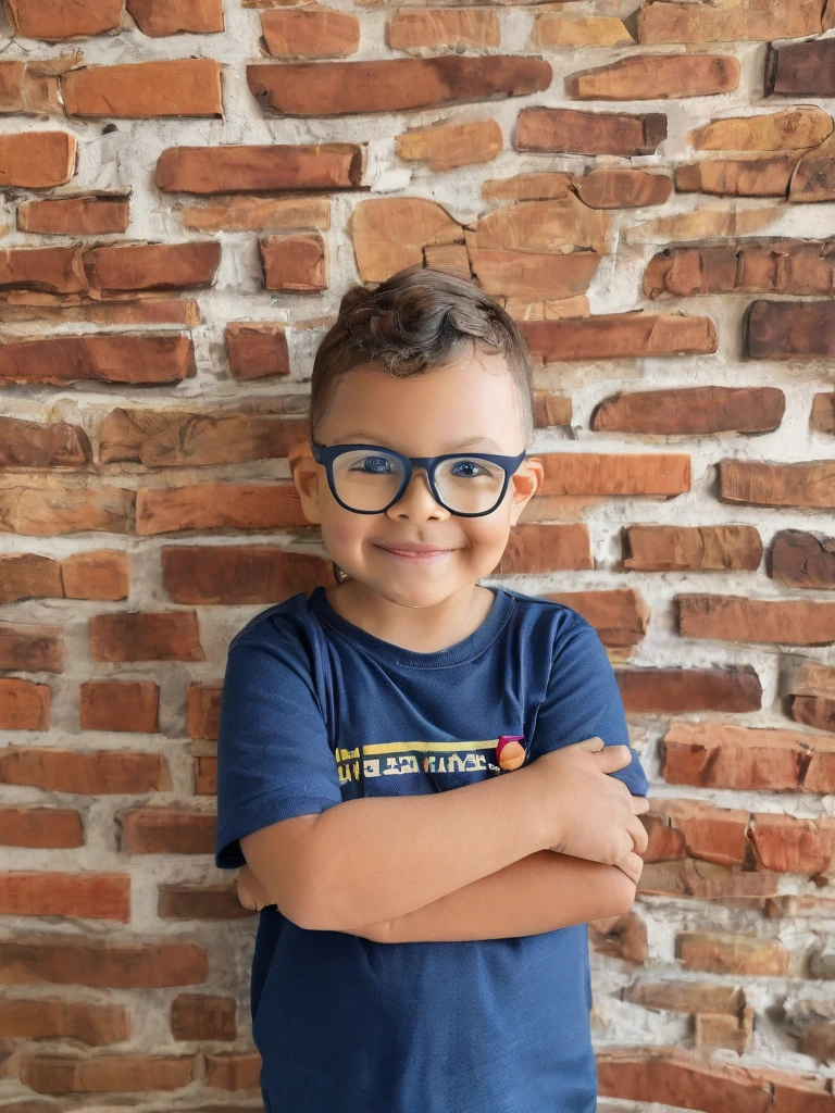 gutto2024sdxl ,"Create an ultra-realistic and highly detailed portrait of a 3--old , showcasing him in a navy blue plain t-shirt, wearing glasses. The boy stands with his arms crossed, sporting a gentle smile as he looks directly at the camera.

The boy's youthful features are captured with precision, highlighting the innocence and charm of his expression. His glasses add a touch of maturity to his appearance, contrasting with his playful demeanor.

Behind the boy, the backdrop is a wall of exposed brick, adding a rustic and textured element to the portrait. On this wall, a large wooden plaque is prominently displayed, intricately carved with the phrase 'FELIZ SÁBADO' in Portuguese.

The wooden plaque is a work of art in itself, with the phrase 'FELIZ SÁBADO' elegantly and prominently carved into the wood in large, bold fonts. The carving adds a touch of warmth and character to the scene, serving as a charming and heartwarming detail in the composition.

The lighting in the portrait is soft and natural, casting a warm glow on the boy's features and creating a sense of intimacy. Every detail, from the texture of the brick wall to the intricate carvings on the wooden plaque, is rendered with meticulous attention to detail.

This ultra-realistic portrait aims to capture the joy and innocence of childhood, with the boy's gentle smile and direct gaze inviting viewers into his world. The combination of the boy's youthful charm, the rustic backdrop of the brick wall, and the elegant wooden plaque with the phrase 'FELIZ SÁBADO' creates a heartwarming and memorable image."

