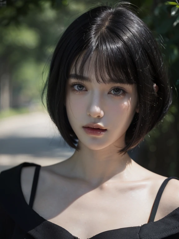( masterpiece, top quality, best quality,8k,17 years old girl,ultra detailed,raw photo:1.5),(photorealistic:1.4), (bob cut,swept bangs, black hair:1.5), (cinematic lighting), PerfectNwsjMajic, , Surrealism, UHD, ccurate, Super detail, textured skin, High detail, Best quality, dynamic angle, White skin,[Beautiful blue eyes], high nose,[flat chest:large breasts:0.5],(1girl),(good anatomy:0.5)),(Portrait:1.5),(outside )