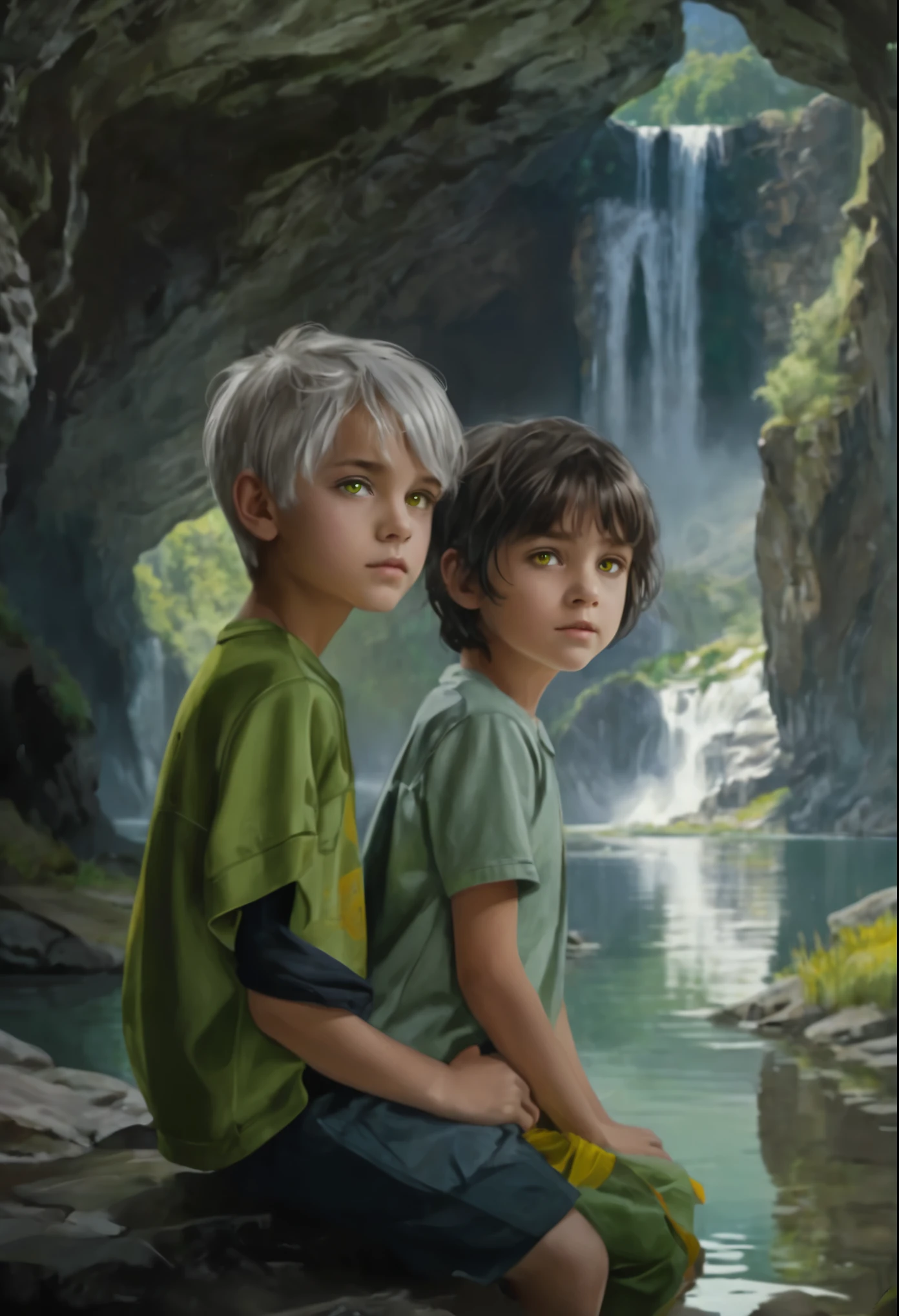 High resolution, portrait, boy and girl with dark hair, yellow eyes, 8 , light gray hair, short haircut, green eyes, portrait, huge cave hall with a lake, boy and girl looking at the reflection in the lake, waterfall in the background, realism, fantasy