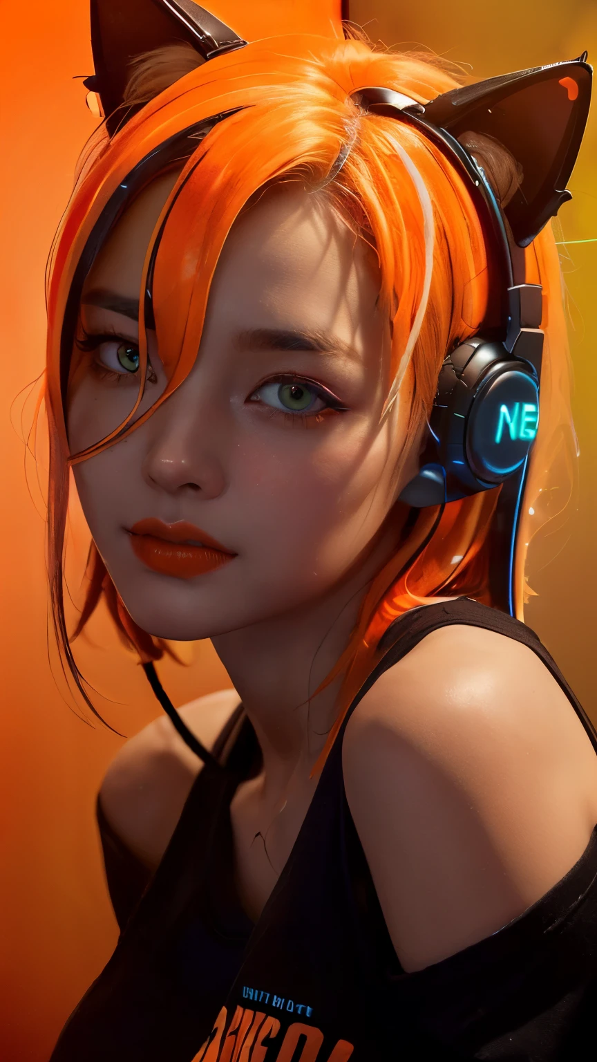 (Neon orange thema:1.2), masterpiece, highest quality, 4K, (Photorealistic), bokeh, enlightenment,(1 perfect portrait of a girl), (A fascinating eye for perfect detail:1.2), colorful hair, (gradient hair), (neon orange hair:1.6), (Cat ear:1.2), fantasy background, (exposed bare shoulders), (long-term alienation sleeve), (lean forward a little), head tilt, (movie lighting:1.2), oversized clothes, (seductive pose:1.4), (neon orange  background:1.6), Light orange beautiful eyes, close up,