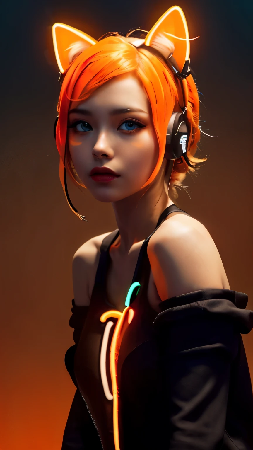 (Neon orange thema:1.2), masterpiece, highest quality, 4K, (Photorealistic), bokeh, enlightenment,(1 perfect portrait of a girl), (A fascinating eye for perfect detail:1.2), colorful hair, (gradient hair), (neon orange hair:1.6), (Cat ear:1.2), fantasy background, (exposed bare shoulders), (long-term alienation sleeve), (lean forward a little), head tilt, (movie lighting:1.2), oversized clothes, (seductive pose:1.4), (neon orange  background:1.6), Light orange beautiful eyes, close up,