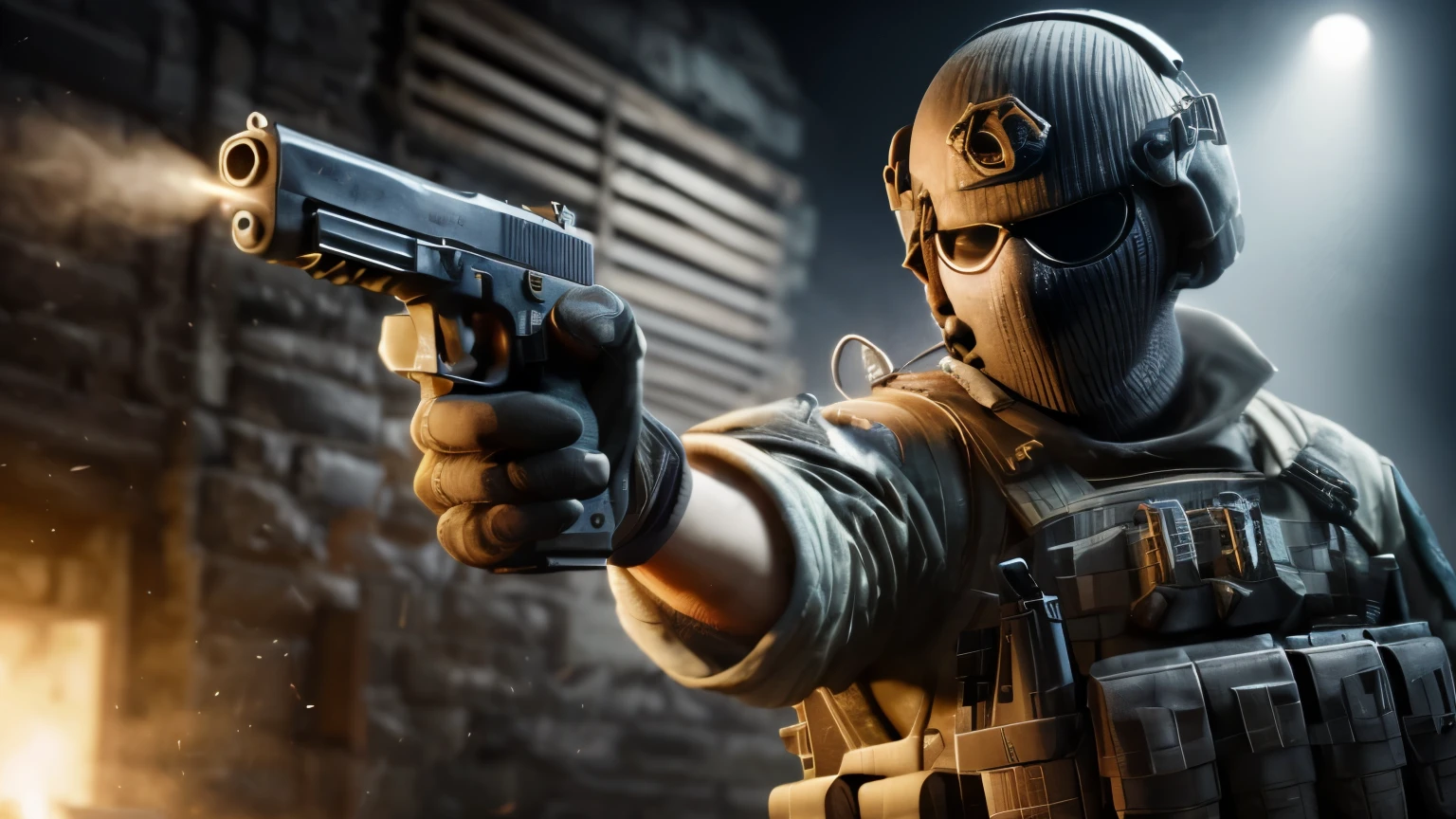 arafed soldier with a gun in a dark room, rb 6 s, rb6s, cs:go screenshot, rb6s), fps shooter game, counter strike, fps game, masterpice, a soldier aiming a gun, no mask, a man face with beard, cigarette in mount, muzzle flash, warzone background, 4k post, 4 k post, hq 4k wallpaper