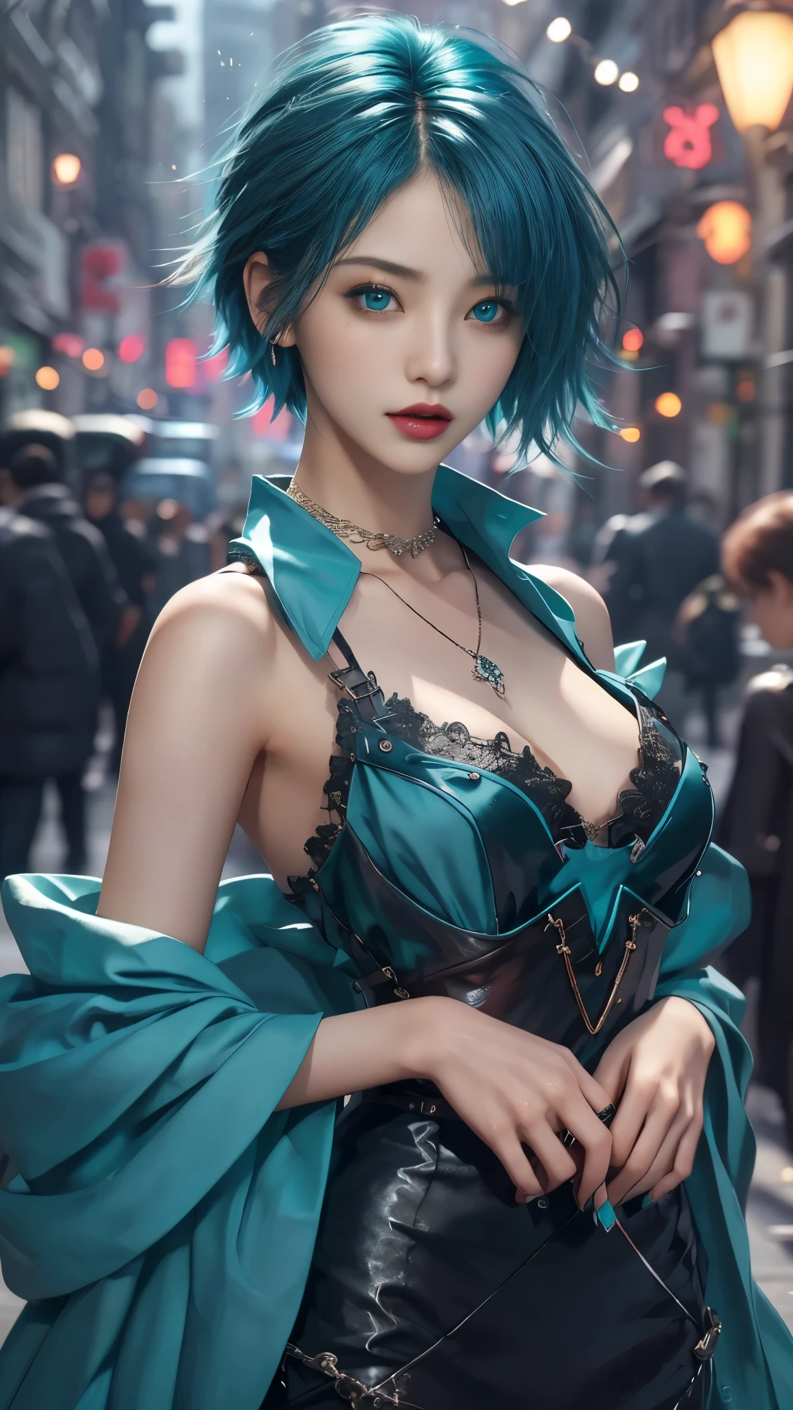 ​masterpiece, top-quality, ((1womanl)), different teal color, finely eye and detailed face, intricate detailes, Casual black and teal attire, window, A smile, Happiness, tenderness, high-level image quality、selfee, Beautuful Women、tall、a small face, D-cups, The upper part of the body、nightfall, nighttime scene、𝓡𝓸𝓶𝓪𝓷𝓽𝓲𝓬、Korea person, Idol Photos, Model photo, k pop, Professional Photos, Vampires, Korean fashion in black and teal, Fedoman with necklace, inspired by Sim Sa-jeong, androgynous vampire, :9 detailed face: 8, extra detailed face, detailed punk hair, ((eyes are deialed)) baggy eyes, Seductive. Highly detailed, semi realistic anime, Vampires, hyperrealistic teen, Delicate androgynous princess, imvu, ((short hair woman)), teal hair woman with wild look, ((Woman with short teal hair)), ((1 persons)),