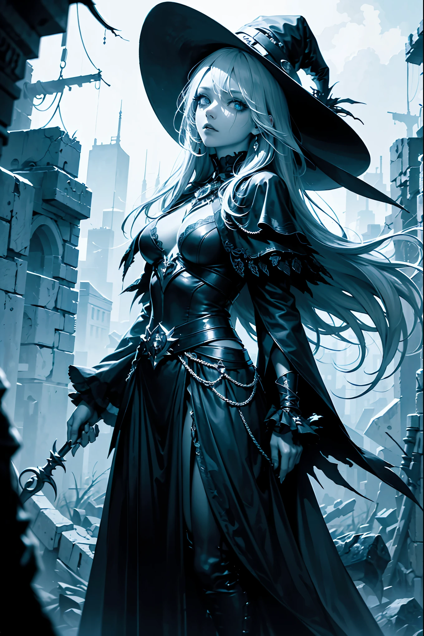 (masterpiece), Dark,(darkness atmosphere:1.2)), ((mystical)), ((Best Quality)),((Beautiful eyes)), ((Ultra-detailled)), ((Dark sorceress)), white hair, Full-length, ((detailed background)), (monochrome colours black blue)