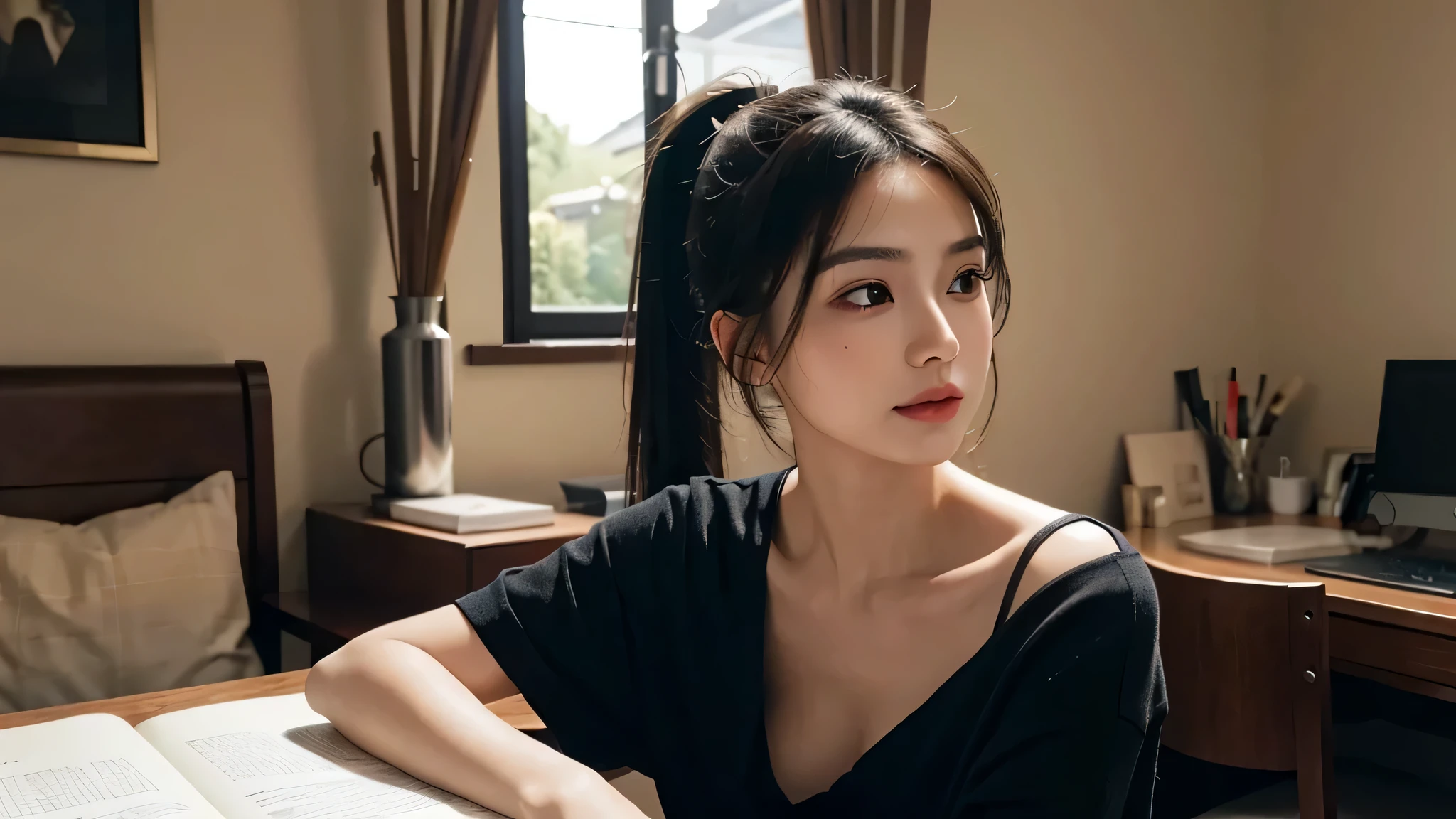 One woman,Room at home, studying at a desk, sitting in a chair, writing in a notebook,fully body photo,masutepiece, The highest image quality, High quality, the background is clear，Beautiful woman, Japanese, Detailed, Detailed eyes, Detailed skin, Beautiful skin, 超hight resolution, (reality: 1.4),Very beautiful woman, Slightly younger face, Beautiful skin, slender, (Ultra photo realsisim), (hight resolution), (8K), (Very detailed) (beautifully detailed eyes), (super detailed), (Detailed face), view the viewer, Fine details, Detailed face, Staring straight ahead, Staring straight ahead, photos realistic, Bright lighting, Professional Lighting, Black hair,poneyTail,a ,sixteen ye is ponytail,long ponytail hairstyle,slight smile,