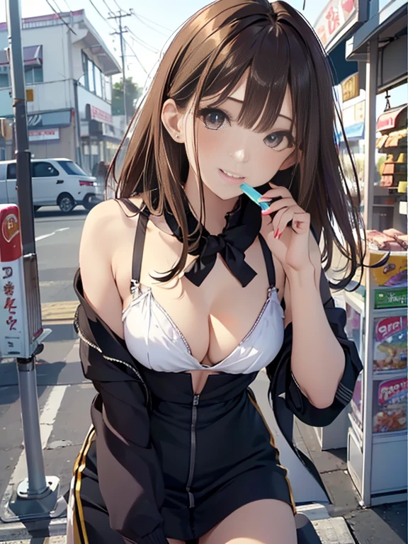 1girl,(Best quality at best, tmasterpiece:1.2), super high separation rate, actual, Frontlighting, Complicated details, Exquisitedetailsandtextures, (with sparkling eyes and a contagious smile),cute Face highlights, Best Quality, masutepiece, beautiful mature women、Beautiful face、Strong-minded woman、Office Suits、brown haired、Brown-eyed、Longhaire、Undersized eyes、Full body like、In front of a convenience store、outside of house、Eating popsicles,her thin pubic hair, looking at viewer,