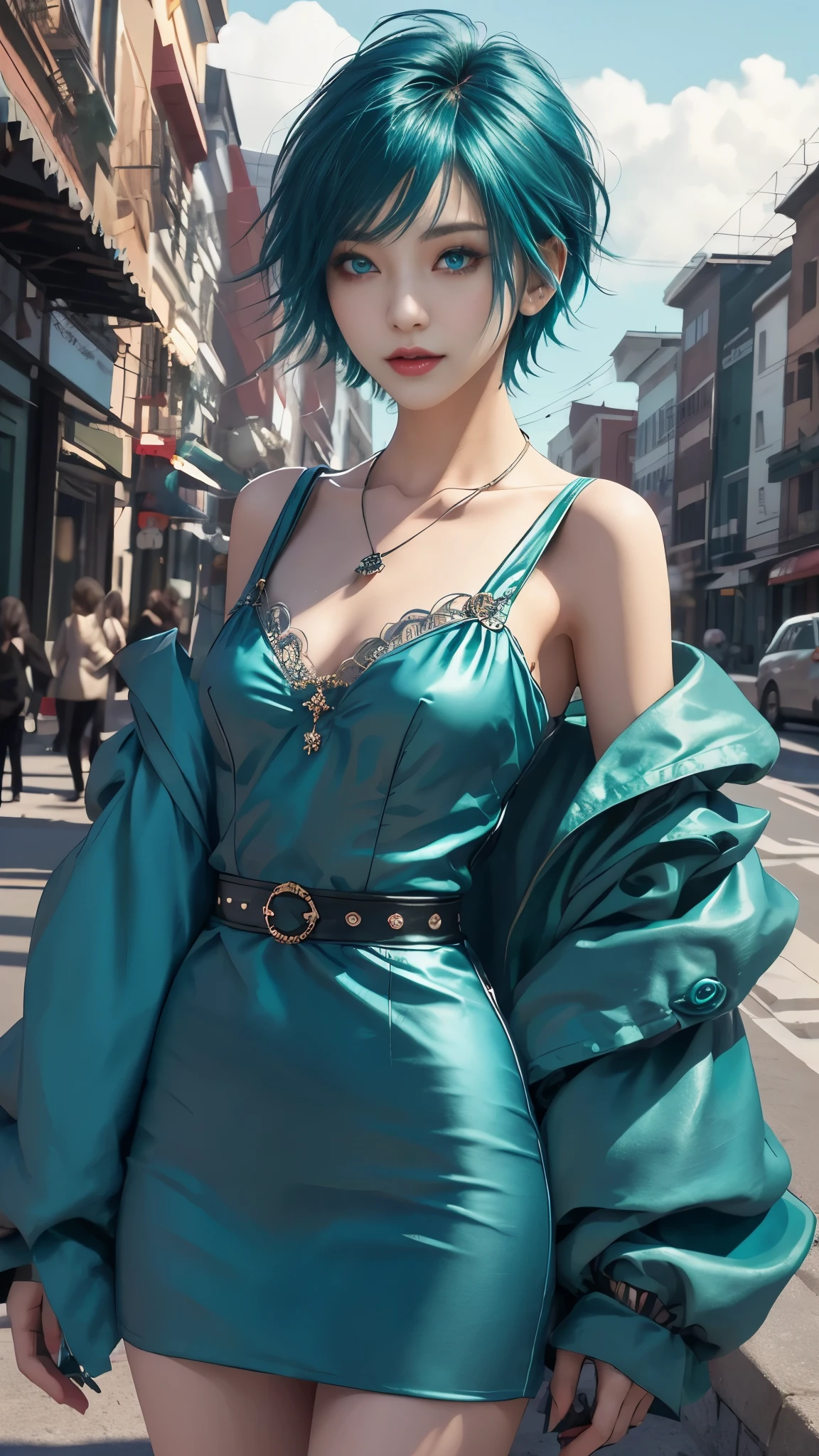 masterpiece, top-quality, ((1womanl)), different teal color, finely eye and detailed face, intricate detailes, Casual black and teal attire, window, A smile, Happiness, tenderness, high-level image quality、selfee, Beautuful Women、tall、a small face, D-cups, The upper part of the body、nightfall, nighttime scene、𝓡𝓸𝓶𝓪𝓷𝓽𝓲𝓬、Korea person, Idol Photos, Model photo, k pop, Professional Photos, Vampires, Korean fashion in black and teal, Fedoman with necklace, inspired by Sim Sa-jeong, androgynous vampire, :9 detailed face: 8, extra detailed face, detailed punk hair, ((eyes are deialed)) baggy eyes, Seductive. Highly detailed, semi realistic anime, Vampires, hyperrealistic , Delicate androgynous princess, imvu, ((short hair woman)), teal hair woman with wild look, ((Woman with short teal hair)), ((1 persons)),