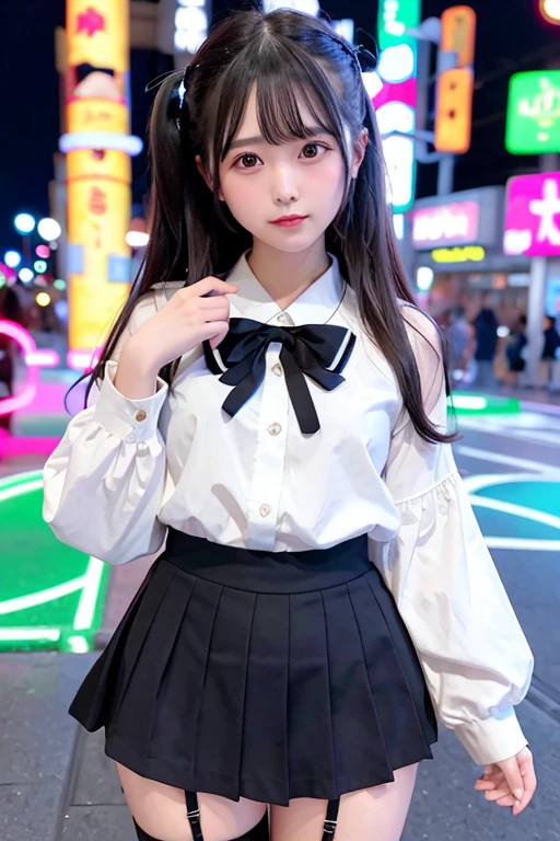 high angle shot、center view、A woman standing in a neon street at midnight、amazingly cute 、japanese girl uniform、Summer clothes black mini skirt、Yulurea 、loafers、She wears black tights that show a little bit of skin.、black tights、Japanese high school 、Nogizaka Idol、plump thighs、Full body Esbian、garter belt、garter ring、leg garter