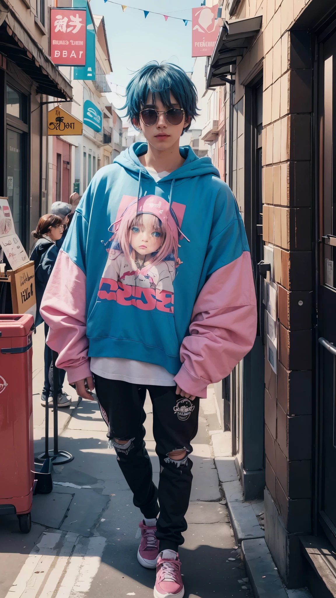 a man with blue hair usando una sudadera con capucha rosa and sunglasses, moda urbana, wearing ropa de calle ciberpunk, ropa de calle ciberpunk, usando una sudadera con capucha rosa, mujer en ropa de calle, ella lleva ropa de calle, ropa de calle, vistiendo una sudadera con capucha rosa pastel, chica con sudadera con capucha, estilo de arte de dibujos animados, estilo de dibujos animados, Beeple y Jeremías Ketner, pink iconic character, ropa de calle, ropa de calle