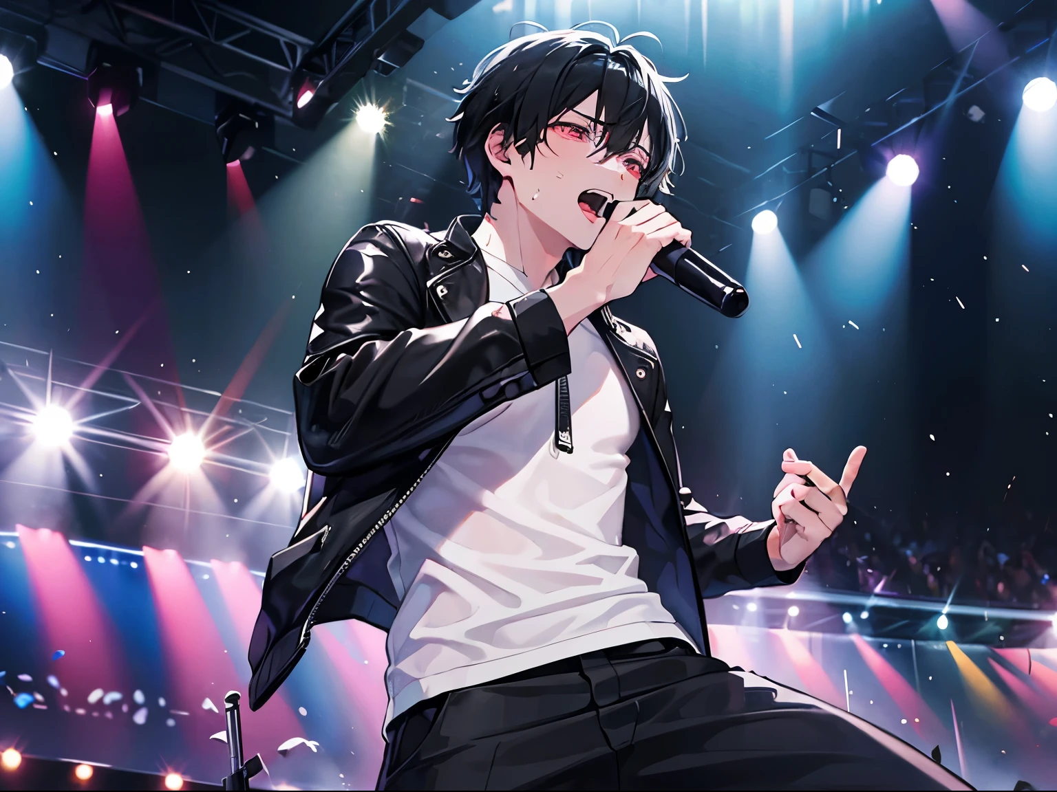 A man in his 30s singing on stage、A lot of sweat is dripping down my face、A lot of sweat is splashing off the body like water.、in the spotlight、Wearing a black leather jacket、black hair、paying an amount、1 male