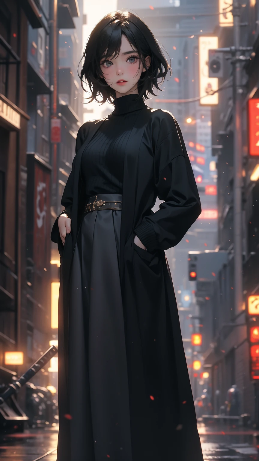 (Highly detailed CG unit 8k wallpaper, masterpiece, High resolution, highest quality, highest qualityのリアルテクスチャスキン), Fashion pose with hands in pockets:1.4, A cool NY fashion girl influenced by nostalgic and inorganic mode fashion., Nana Komatsu, Asymmetrical short hair, detailed costume, fine embroidery, Layered maxi skirt and crew neck pullover sweater combination:1.3, blurred background, An empty alley in New York:1.2, hyper realistic, digital painting, concept art,