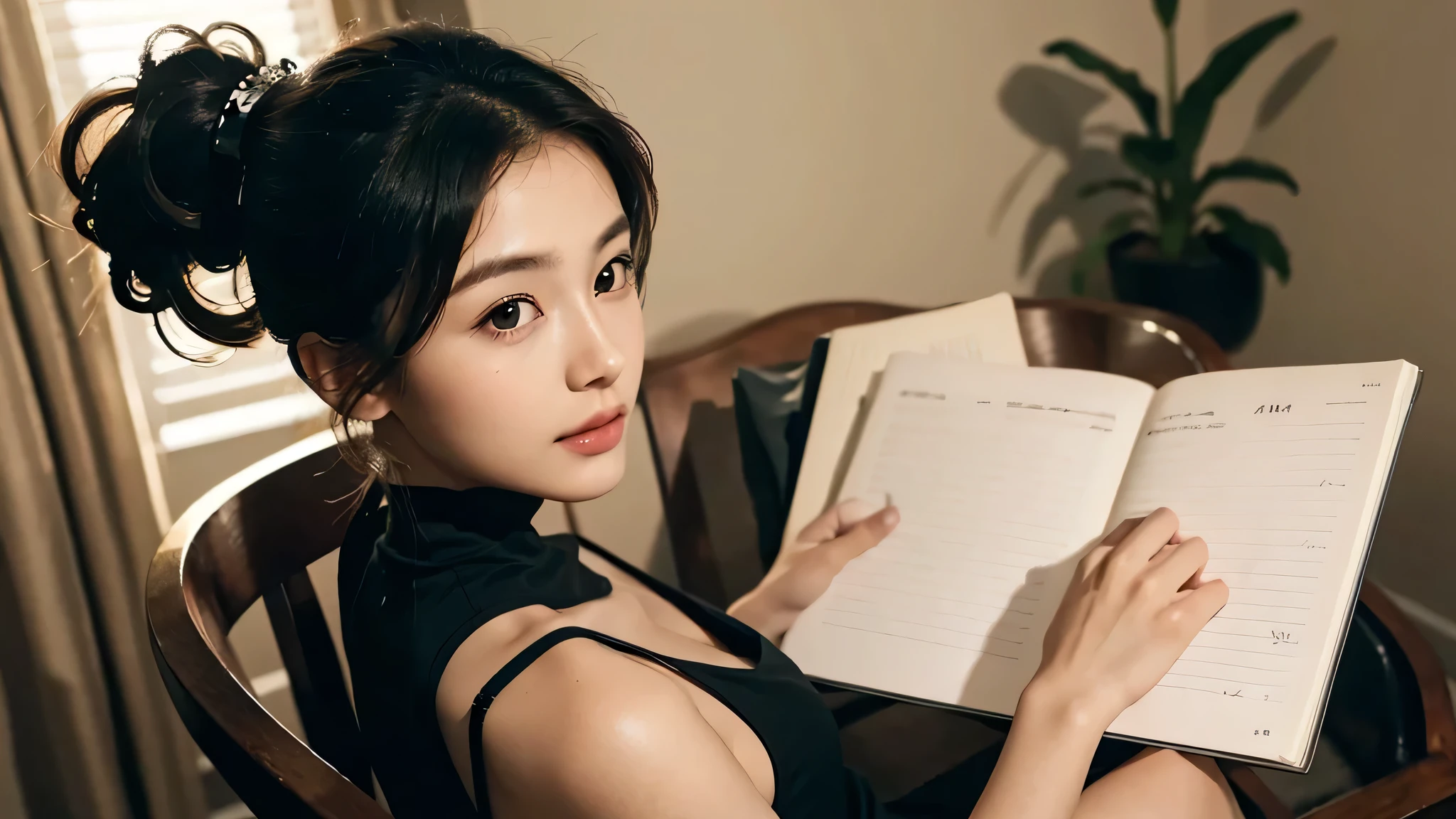 One woman,Room at home, studying at a desk, sitting in a chair, writing in a notebook,fully body photo,masutepiece, The highest image quality, High quality, the background is clear，Beautiful woman, Japanese, Detailed, Detailed eyes, Detailed skin, Beautiful skin, 超hight resolution, (reality: 1.4),Very beautiful woman, Slightly younger face, Beautiful skin, slender, (Ultra photo realsisim), (hight resolution), (8K), (Very detailed) (beautifully detailed eyes), (super detailed), (Detailed face), view the viewer, Fine details, Detailed face, Staring straight ahead, Staring straight ahead, photos realistic, Bright lighting, Professional Lighting, Black hair,poneyTail,a baby face,sixteen years old,Hairstyle is ponytail,long ponytail hairstyle,slight smile,