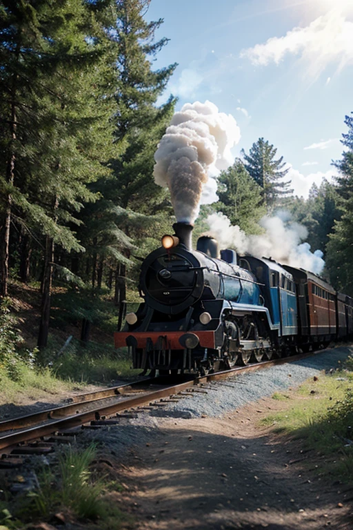 long blue steam train, pass trough forest with sunkight
