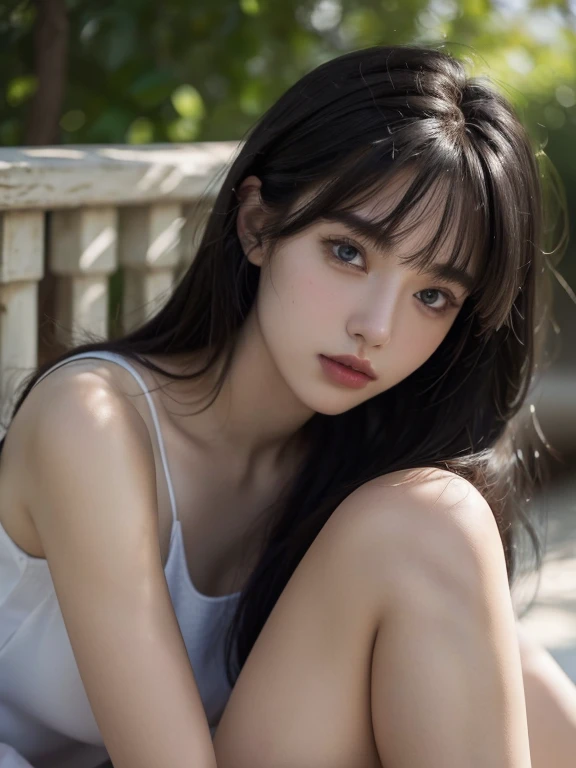 ( masterpiece, top quality, best quality,8k,17 years old girl,ultra detailed,raw photo:1.5),(photorealistic:1.4), (swept bangs, black hair:1.5), (cinematic lighting), PerfectNwsjMajic, , Surrealism, UHD, ccurate, Super detail, textured skin, High detail, Best quality, dynamic angle, White skin,[Beautiful blue eyes], high nose,[flat chest:large breasts:0.5],(1girl),(good anatomy:0.5)),(outside )