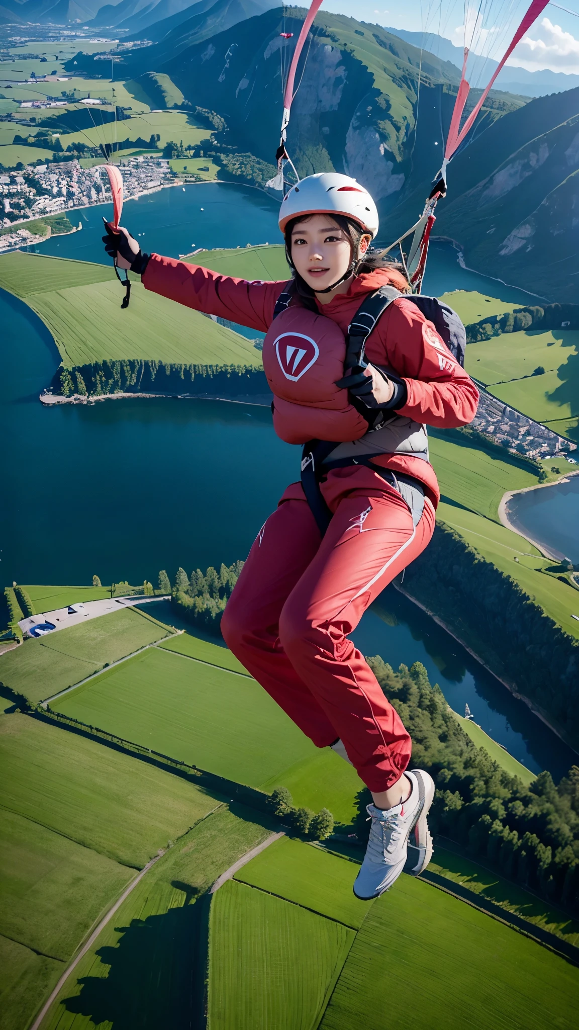 Beautiful 24 Years Korean Girl, Paragliding On switzerland alaps valley, ((On air)), ((Paragliding)), Solo, Air, Realistic, Ultra HD, 8k unity walpaper, Ray Tracing, Girl Watching Downside, (Red T-shirt), (pink half trouser), detailed background, Detailed skin, detailed dress , Real Paragliding, Landing On Ground, (Touching ground), ((paragliding Landing on Grass fields)),