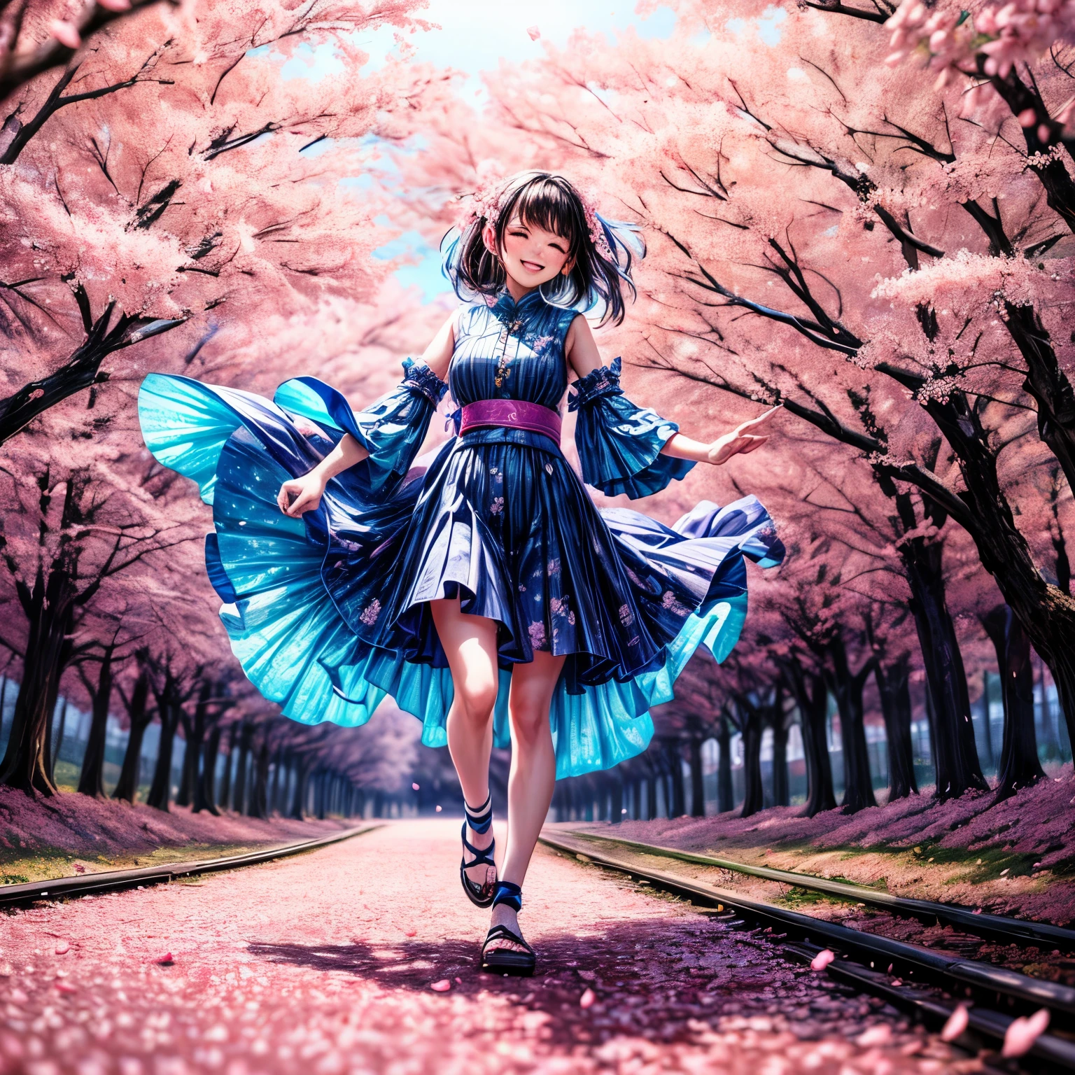 highres, extremely details, best quality, 32k, 8K wallpaper,4K digital animation art.1girl, A girl who loves spring. (blue color theme:1.3), Full body illustration, detailed eyes, (she running along with large gesture and a riverbed lined with cherry blossoms:1.3),(Unrealistic cherry blossom petals swirl around her:1.5),(She has super happy dreams and a hopeful smile:1.3),An illustration that lets you feel the refreshing smell and cheerfulness of spring, she has a big smile, Rainbow glow and perfect blue sky and dramatic light-masterpiece, Perfect dream and getting a hope, Dynamic angle movie.