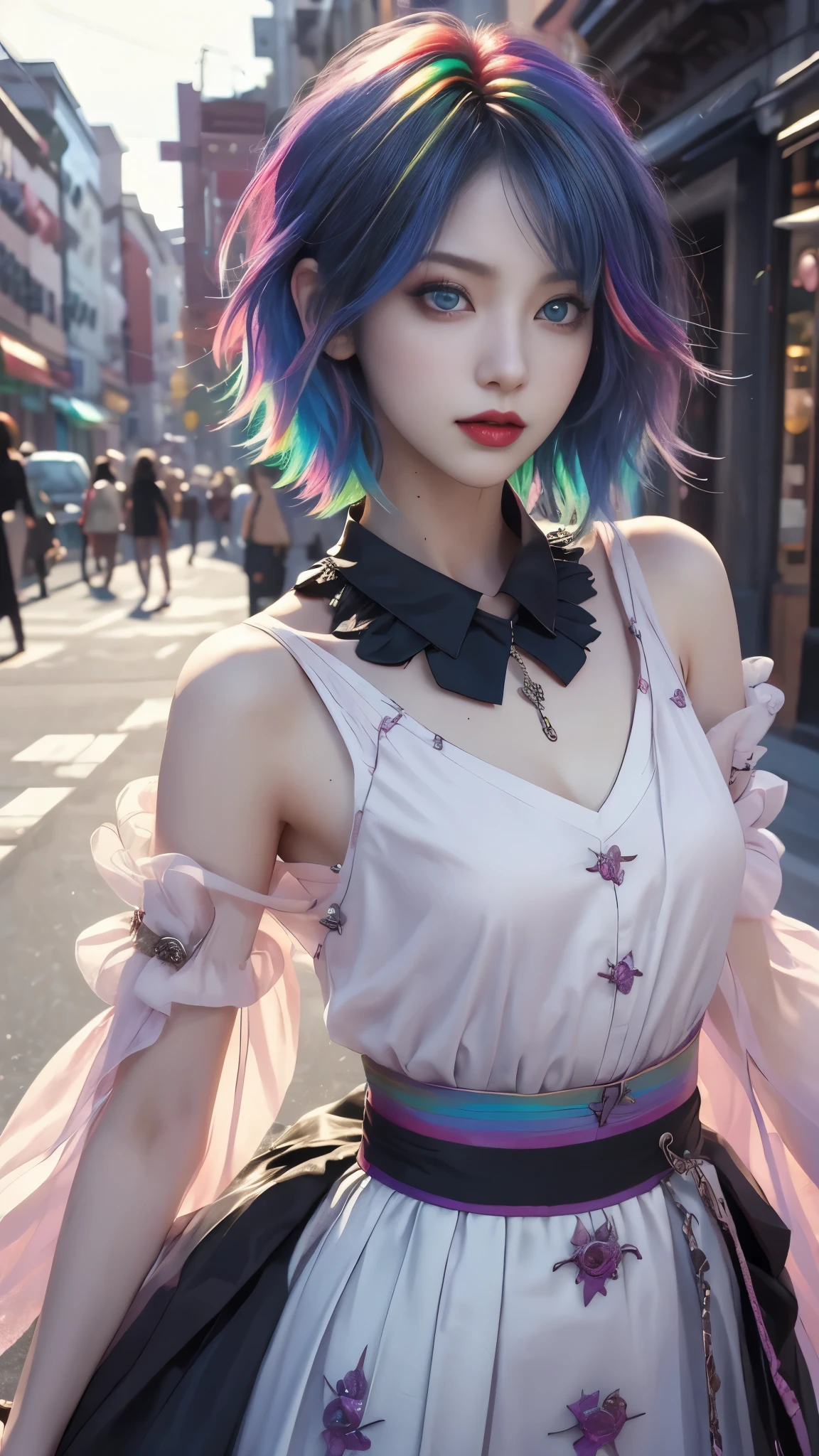 masterpiece, top-quality, ((1womanl)), different rainbow color, finely eye and detailed face, intricate detailes, Casual black and rainbow attire, window, A smile, Happiness, tenderness, high-level image quality、selfee, Beautuful Women、tall、a small face, D-cups, The upper part of the body、nightfall, nighttime scene、𝓡𝓸𝓶𝓪𝓷𝓽𝓲𝓬、Korea person, Idol Photos, Model photo, k pop, Professional Photos, Vampires, Korean fashion in black and reainbow, Fedoman with necklace, inspired by Sim Sa-jeong, androgynous vampire, :9 detailed face: 8, extra detailed face, detailed punk hair, ((eyes are deialed)) baggy eyes, Seductive. Highly detailed, semi realistic anime, Vampires, hyperrealistic teen, Delicate androgynous princess, imvu, ((short hair woman)), rainbow hair woman with wild look, ((Woman with short rainbow hair)), ((1 persons)),