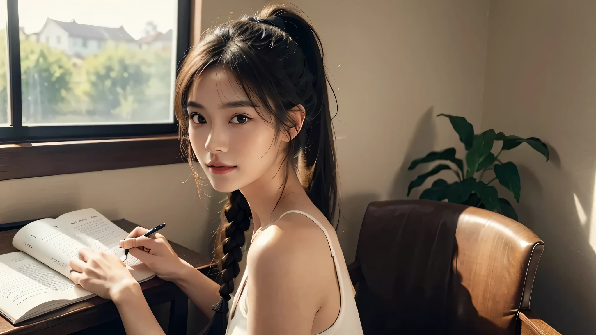 One woman,Room at home, studying at a desk, sitting in a chair, writing in a notebook,fully body photo,masutepiece, The highest image quality, High quality, the background is clear,Beautiful woman, Japanese, Detailed, Detailed eyes, Detailed skin, Beautiful skin, 超hight resolution, (reality: 1.4),Very beautiful woman, Slightly younger face, Beautiful skin, slender, (Ultra photo realsisim), (hight resolution), (8K), (Very detailed) (beautifully detailed eyes), (super detailed), (Detailed face), view the viewer, Fine details, Detailed face, Staring straight ahead, Staring straight ahead, photos realistic, Bright lighting, Professional Lighting, Black hair,poneyTail,a baby face,sixteen years old,Hairstyle is ponytail,long ponytail hairstyle,slight smile,