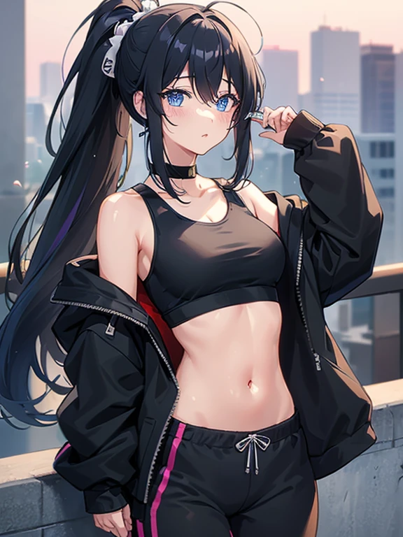 a beautiful cute anime girl,blue eyes,long black hair, ponytail,(high-details),crop top hoodie, black training pants,city(hd-view), headphones,(high-quality),