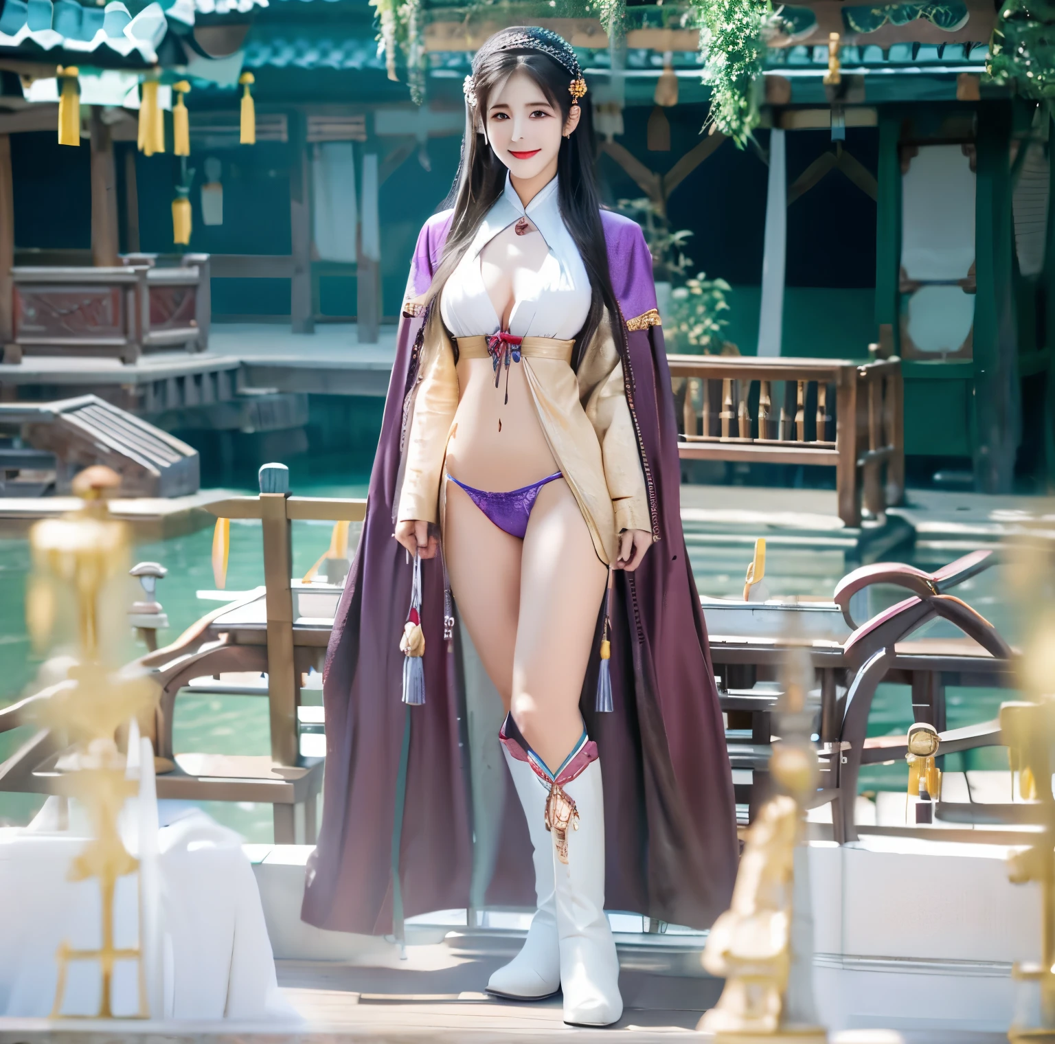 美麗的fantasy皇后, anime goddess, full body xianxia, ((美麗的fantasy皇后)), sweet smile，Sexy red bikini underwear，high-cut underwear，high cut underwear，Long-legged girl，put on boots，White boots，huge breasts，Put on your hat, Chinese Hanfu，fantasy服装, Sha Xi, ((美麗的fantasy皇后)), Put on the priest&#39;s cloak, full body purple cloak, 穿着fantasy服装, Anime girls cosplay look at the audience，facing the audience，Put your hands beside you,flowing long hair，Surreal 8000g，Impeccable，masterpiece，professional artwork，famous artwork，Light，movie bloom，perfect face，pretty face，fantasy，Dreamy and magical，not real，intricate details，Exquisite pattern