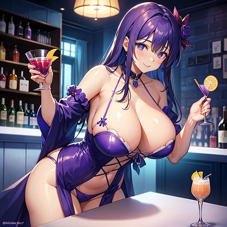 Close-up of Violet Fizz cocktail art displayed on a bar counter glowing at night, High quality waifu movie anime with avant-garde fashion style, A droopy-eyed Japanese idol girl is smiling while holding a cocktail glass. Shaker on the counter. Purple Refraction、camel toe、huge tit、nipple puff、cleavage、、Plump、Super big breasts、super big butt、A strange cocktail、Mysterious shop